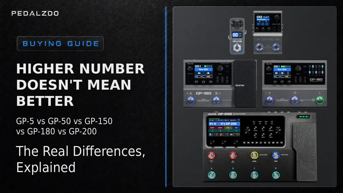 Pedalzoo Buying Guide banner: "Higher number doesn't mean better" comparing Valeton GP-5, GP-50, GP-150, GP-180, and GP-200 multi-effects processors.
