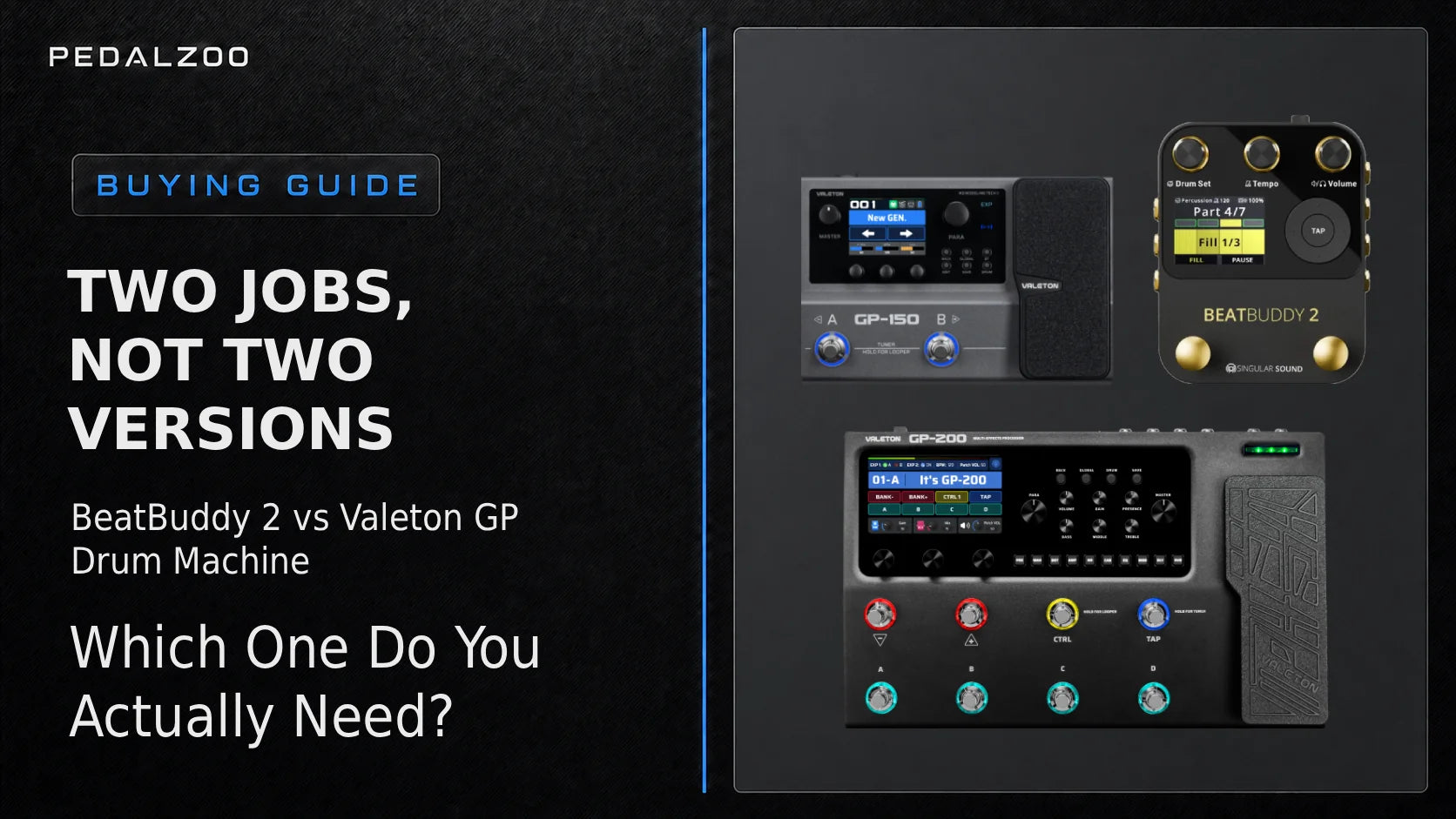 Pedalzoo Buying Guide banner: "Two jobs, not two versions" comparing the BeatBuddy 2 drum machine pedal with Valeton GP-150 and GP-200 multi-effects processors.
