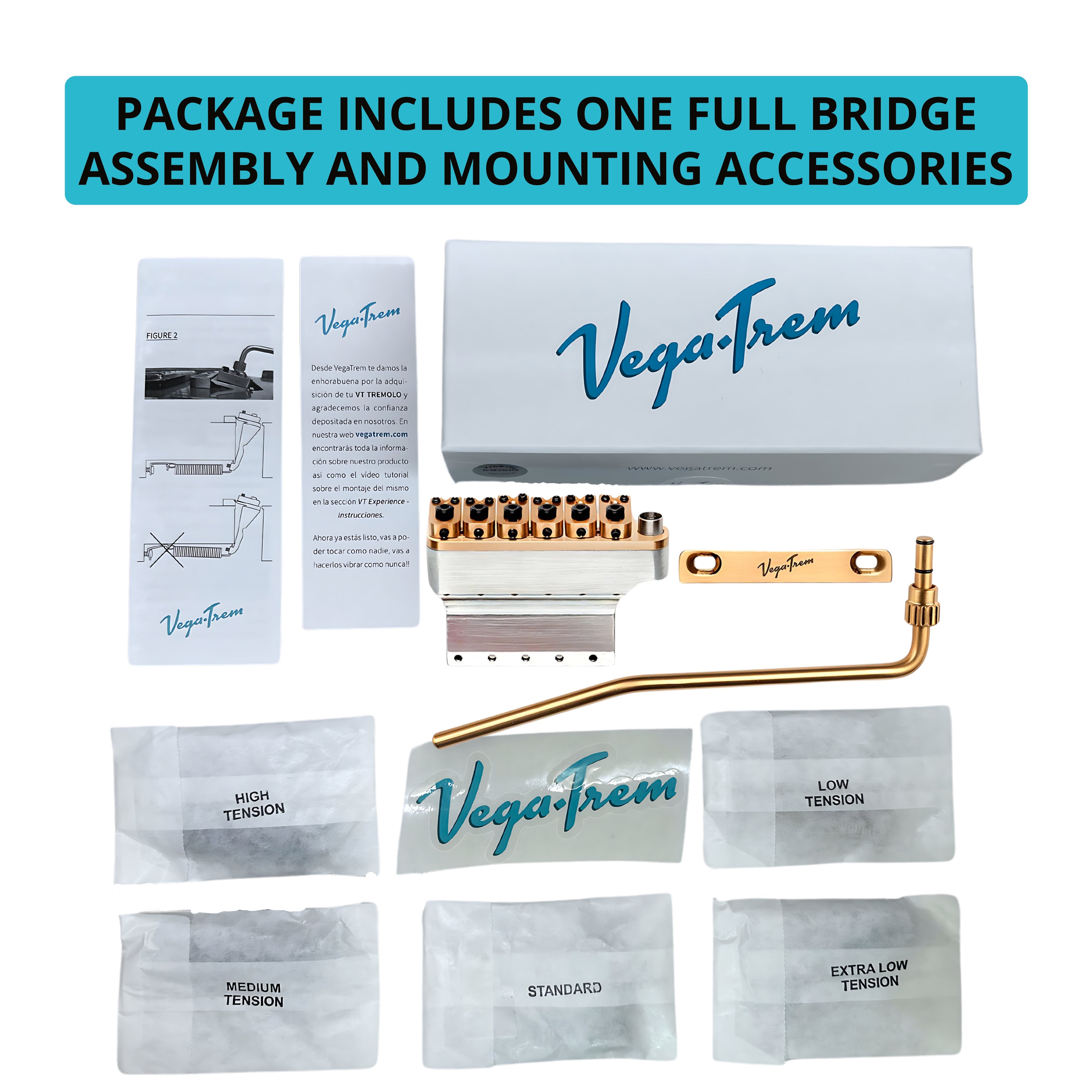 Vega-Trem VT1 Ultra-Trem package contents with gold bridge, box, manuals, sticker and tension spring bags