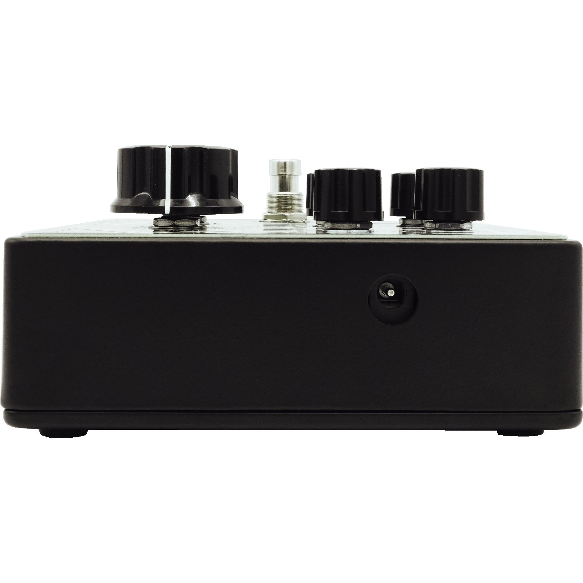 Rear panel of the Death by Audio Crossover Fuzz with the centre barrel 9V DC power socket