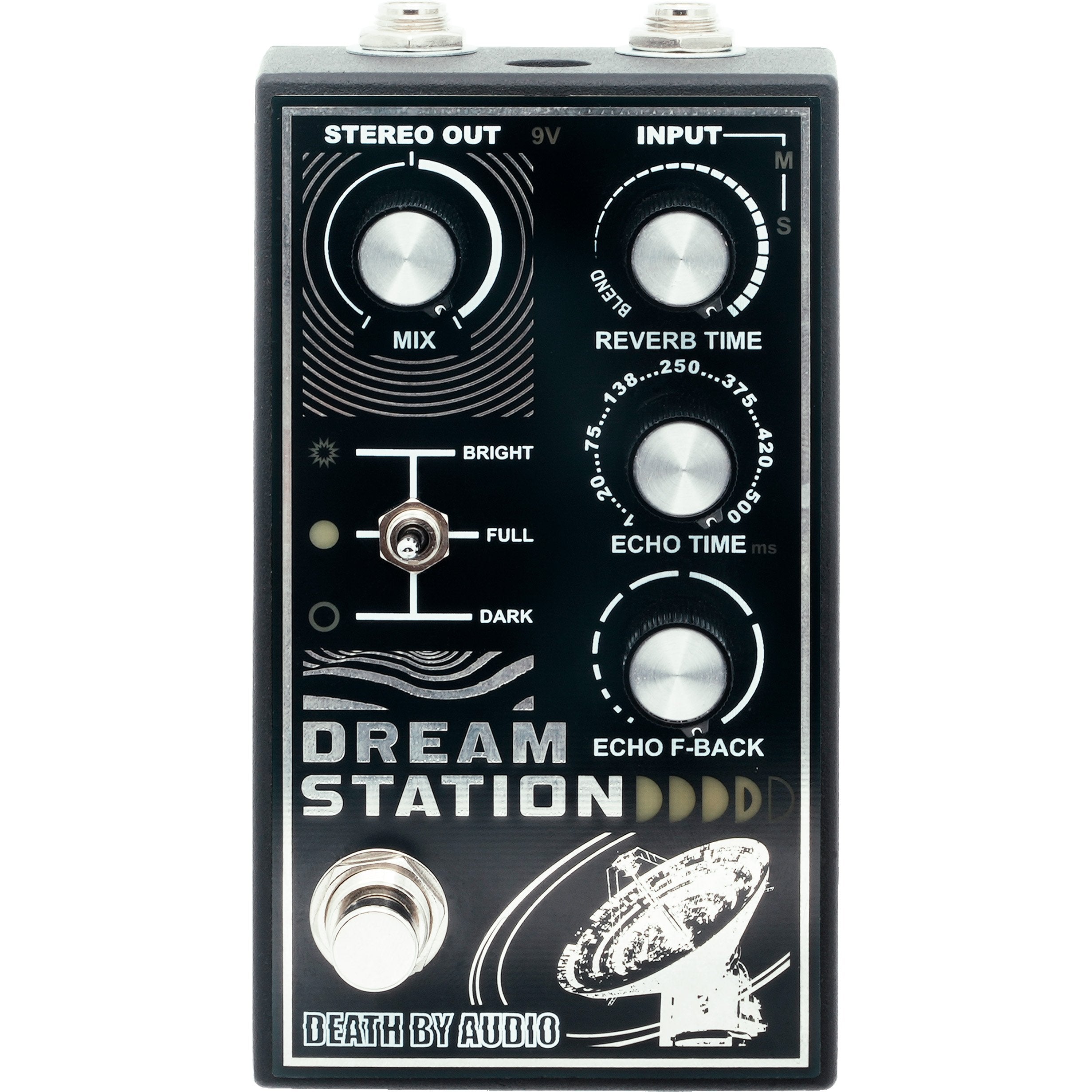 Death by Audio Dream Station stereo reverb and delay pedal, top view with MIX, REVERB TIME, ECHO TIME and ECHO F-BACK knobs and the BRIGHT FULL DARK toggle