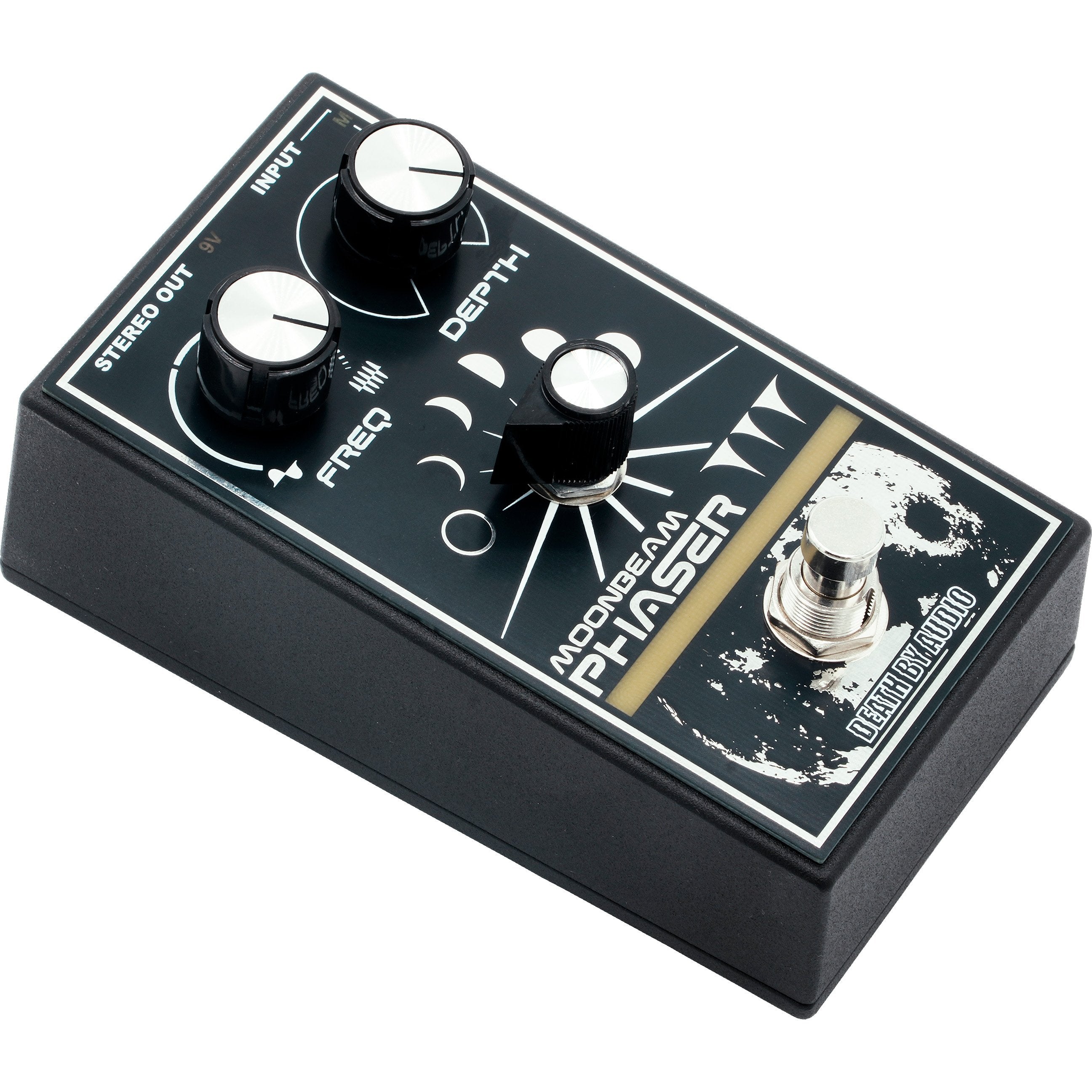 Death by Audio Moonbeam Phaser pedal from the front left, showing the enclosure depth and the moon phase artwork