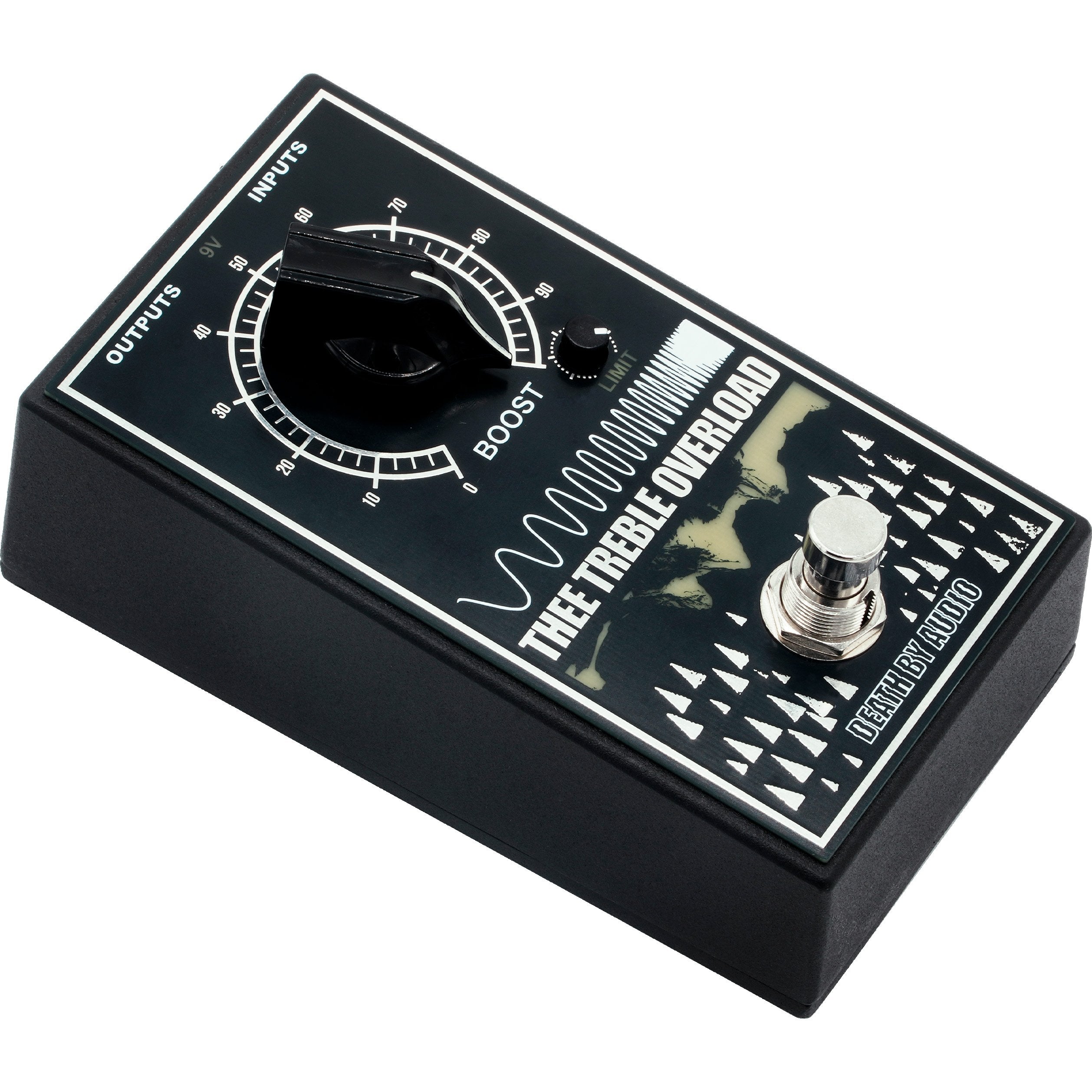Death by Audio Thee Treble Overload pedal from the front left, showing the enclosure depth and the BOOST and LIMIT knobs