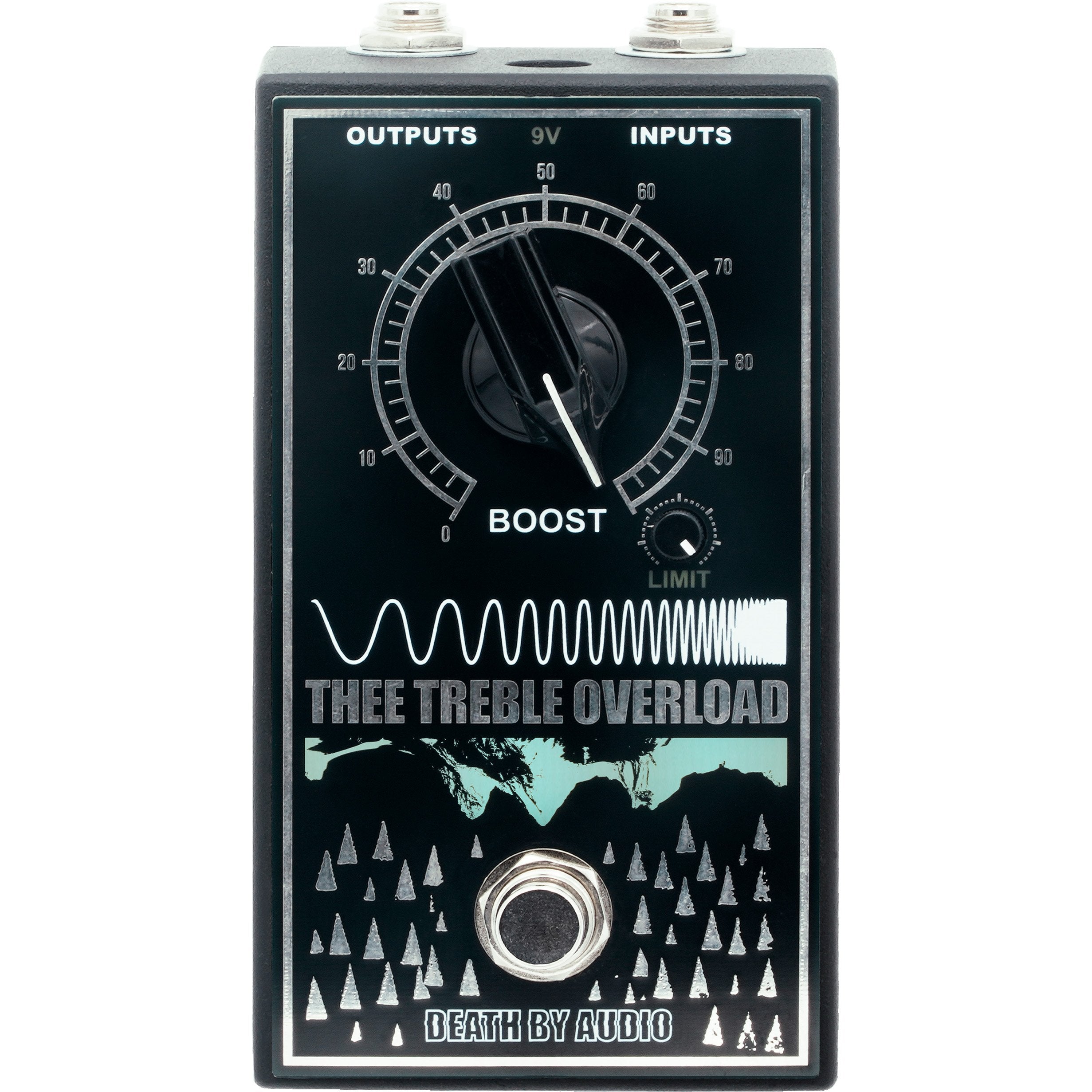 Death by Audio Thee Treble Overload seen from above with the BOOST knob turned further up the decibel scale