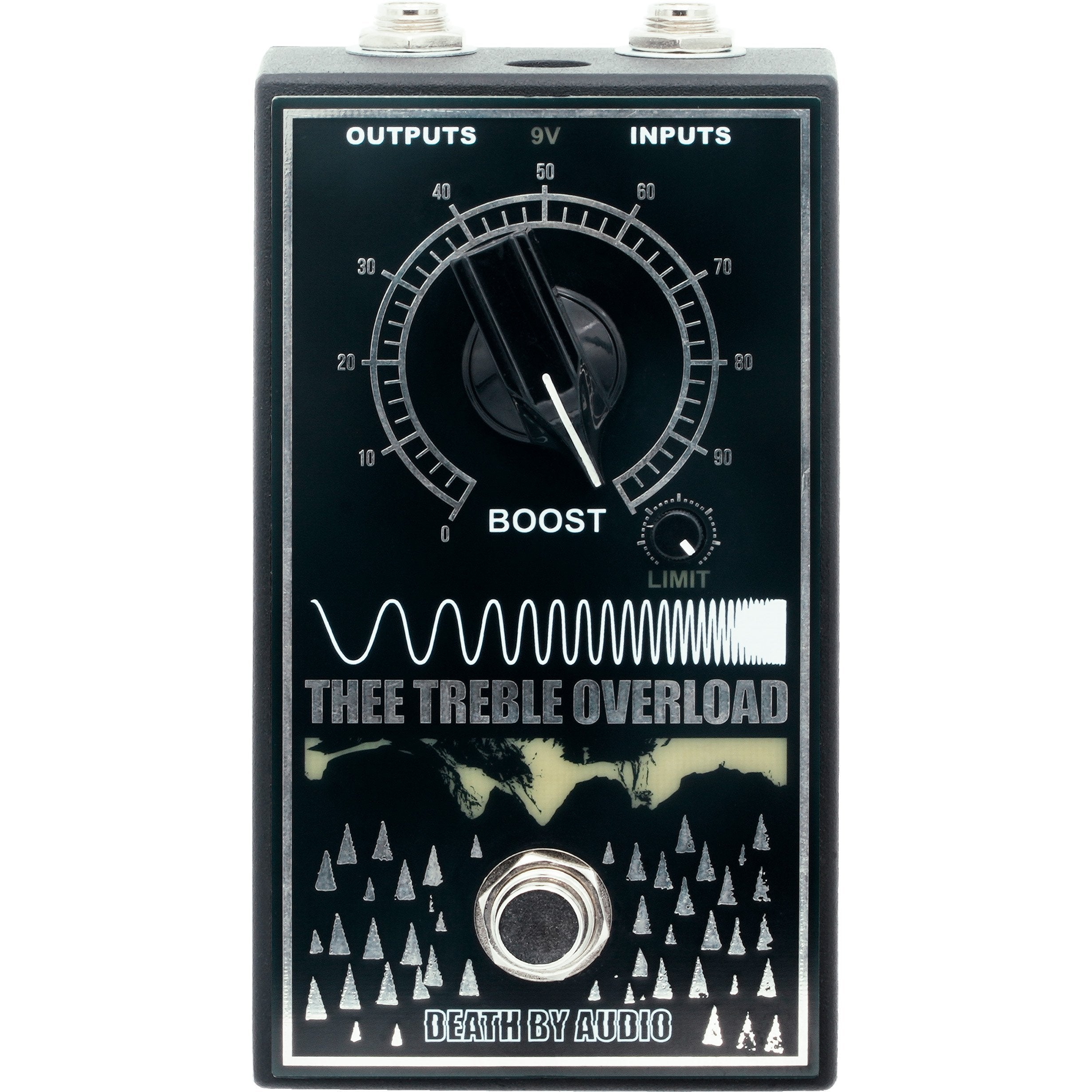 Death by Audio Thee Treble Overload pedal, top view with the large BOOST knob and decibel arc, LIMIT knob and waveform artwork