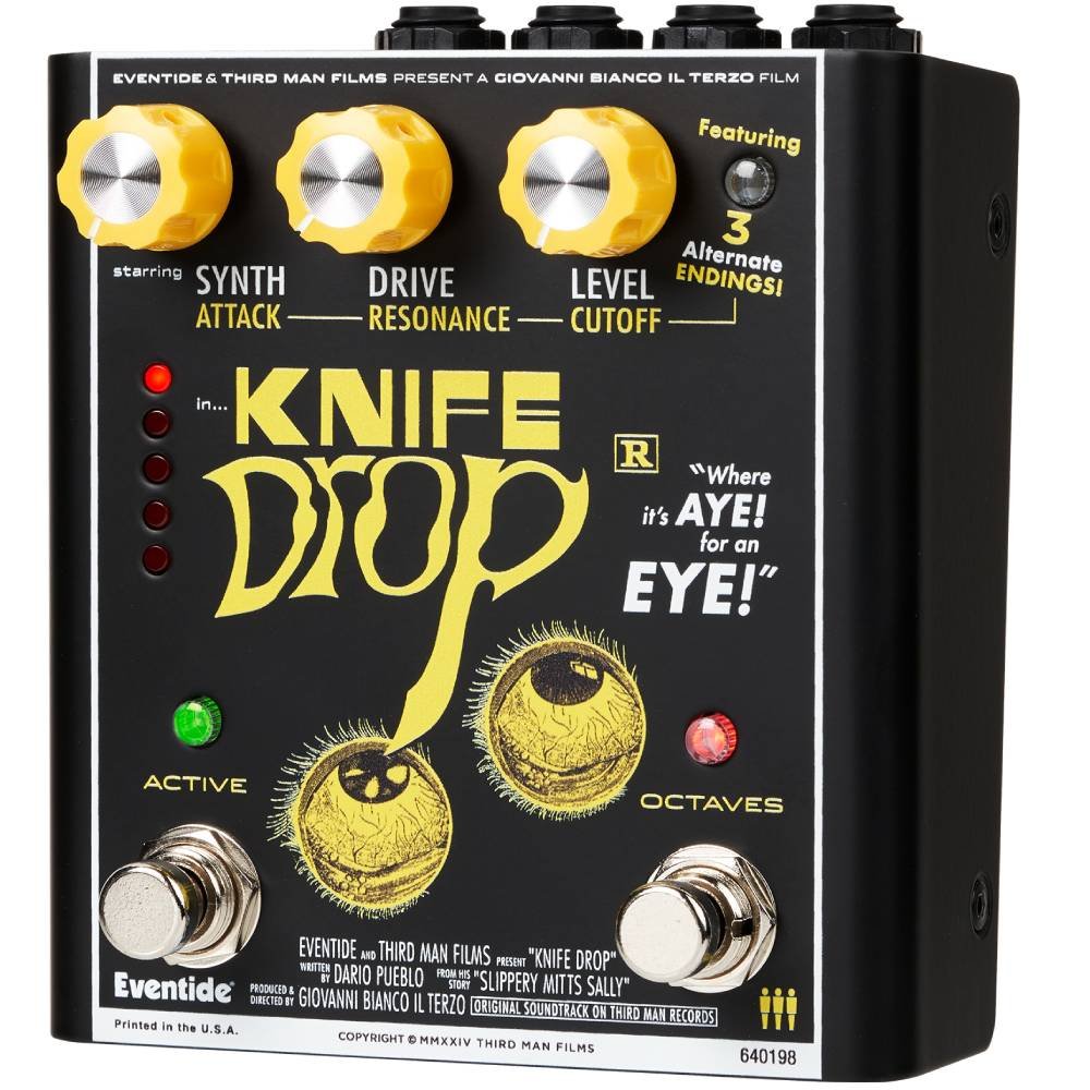Eventide Knife Drop sub-octave fuzz pedal, angled left view