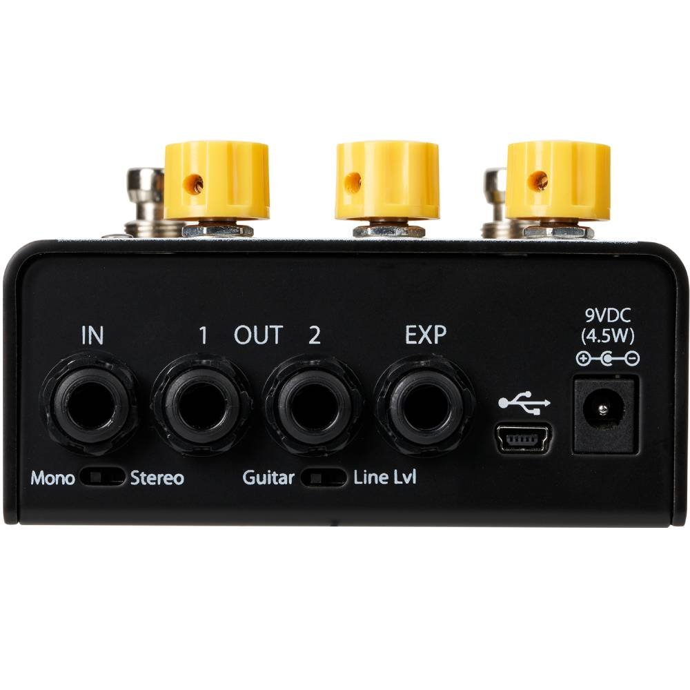 Eventide Knife Drop sub-octave fuzz pedal, rear input and output panel