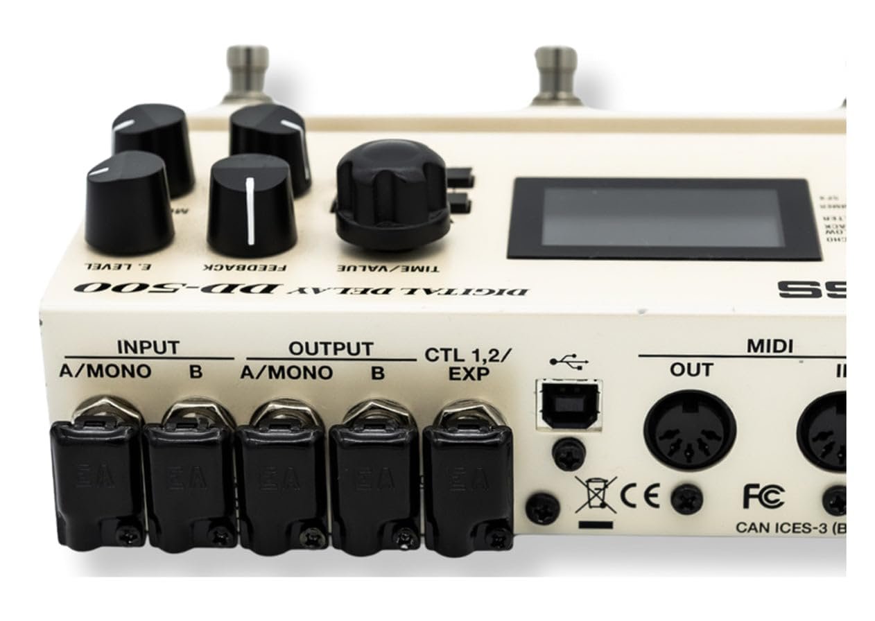 Evidence Audio ESP plugs (marked EA) installed on a Boss DD-500 Digital Delay pedal's input/output jacks (4mm, 10-pack)