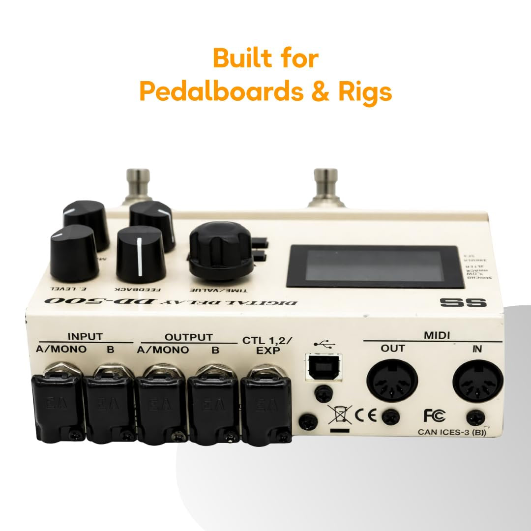 Evidence Audio ESP plug marketing graphic showing plugs installed on a pedalboard effects unit (5mm, 10-pack)