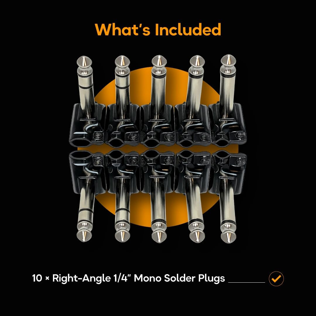 Evidence Audio ESP plug marketing graphic listing package contents: 10 right-angle 1/4-inch mono solder plugs (5mm, 10-pack)