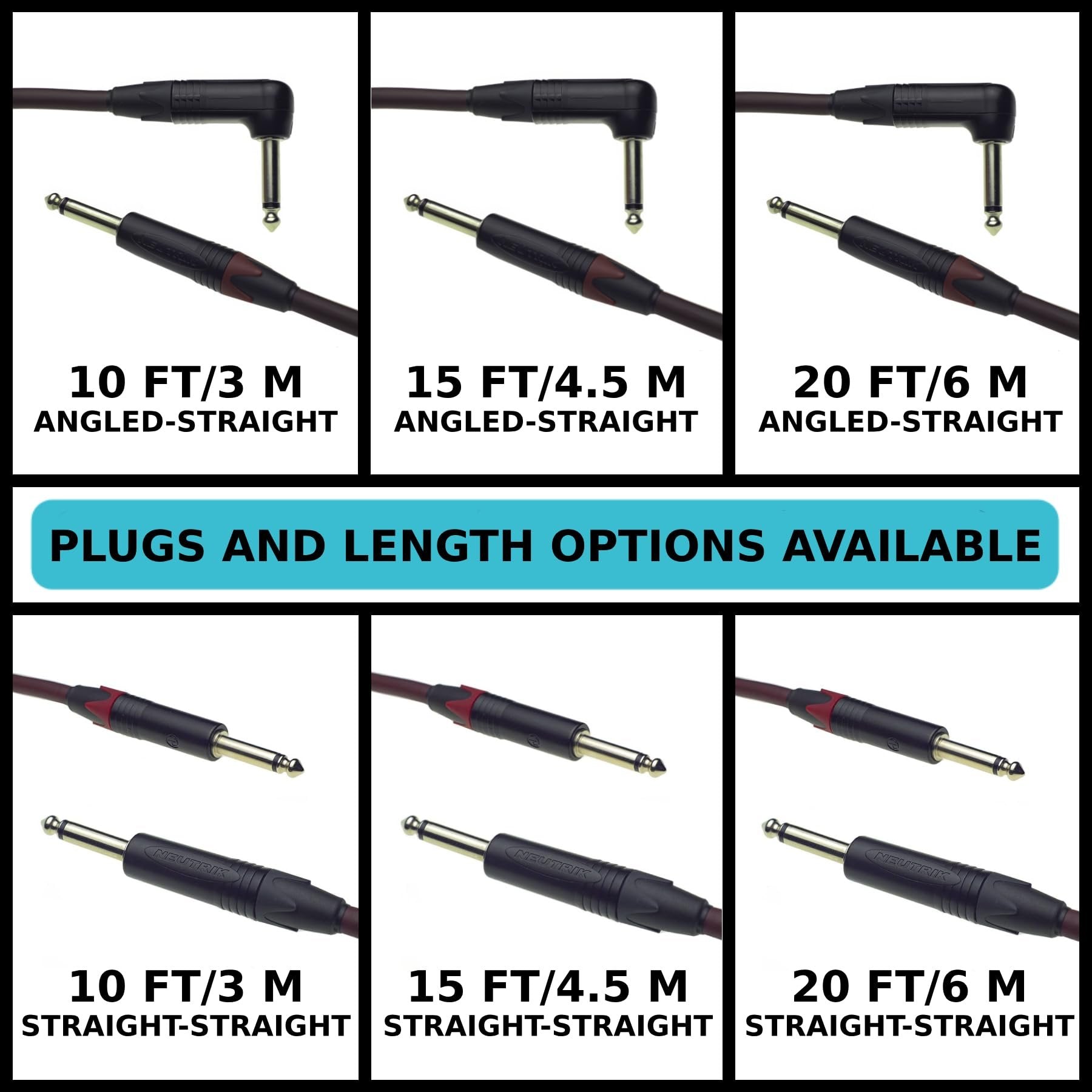 Chart of available Evidence Audio Forte cable length and plug configuration options: 10/15/20 ft, angled-straight or straight-straight (10 ft)