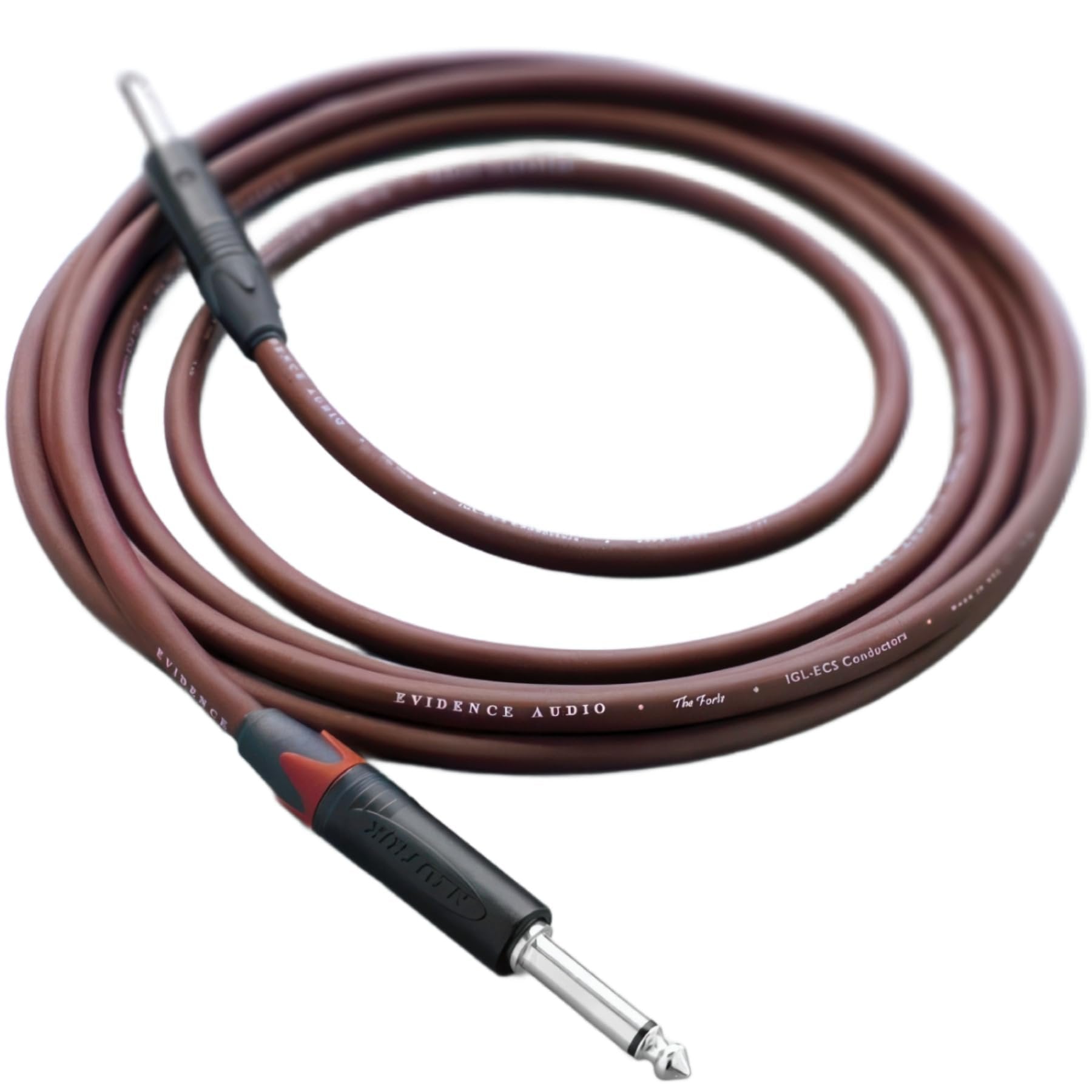 Evidence Audio Forte instrument cable coiled, straight-to-straight configuration, maroon jacket (15 ft)