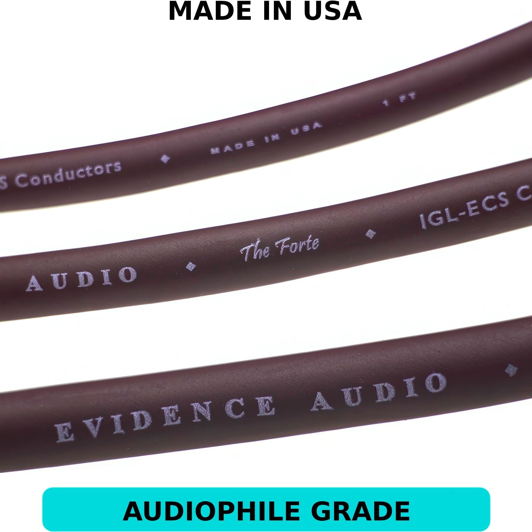 Close-up of Evidence Audio Forte cable jacket printed with 'Made in USA', 'The Forte', 'IGL-ECS', 'Evidence Audio' text (20 ft, right-to-straight)