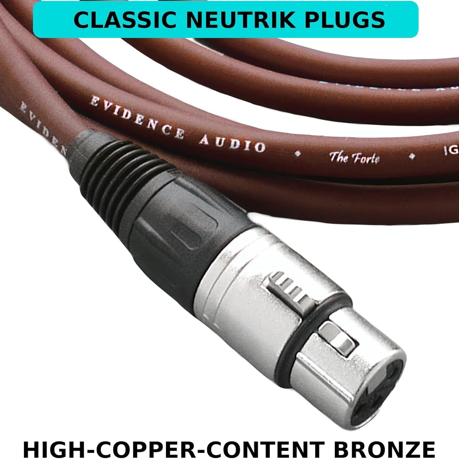 Evidence Audio Forte cable with Neutrik XLR connector and high-copper-content bronze conductor callout (10 ft)