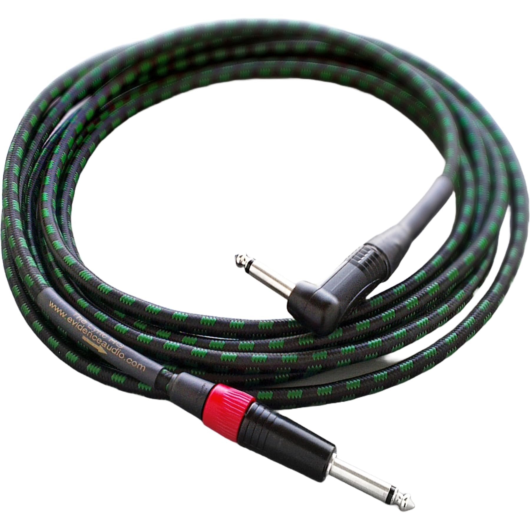 Evidence Audio Lyric HG instrument cable coiled, black and green braided jacket, right-angle plug (10 ft, right-to-straight)