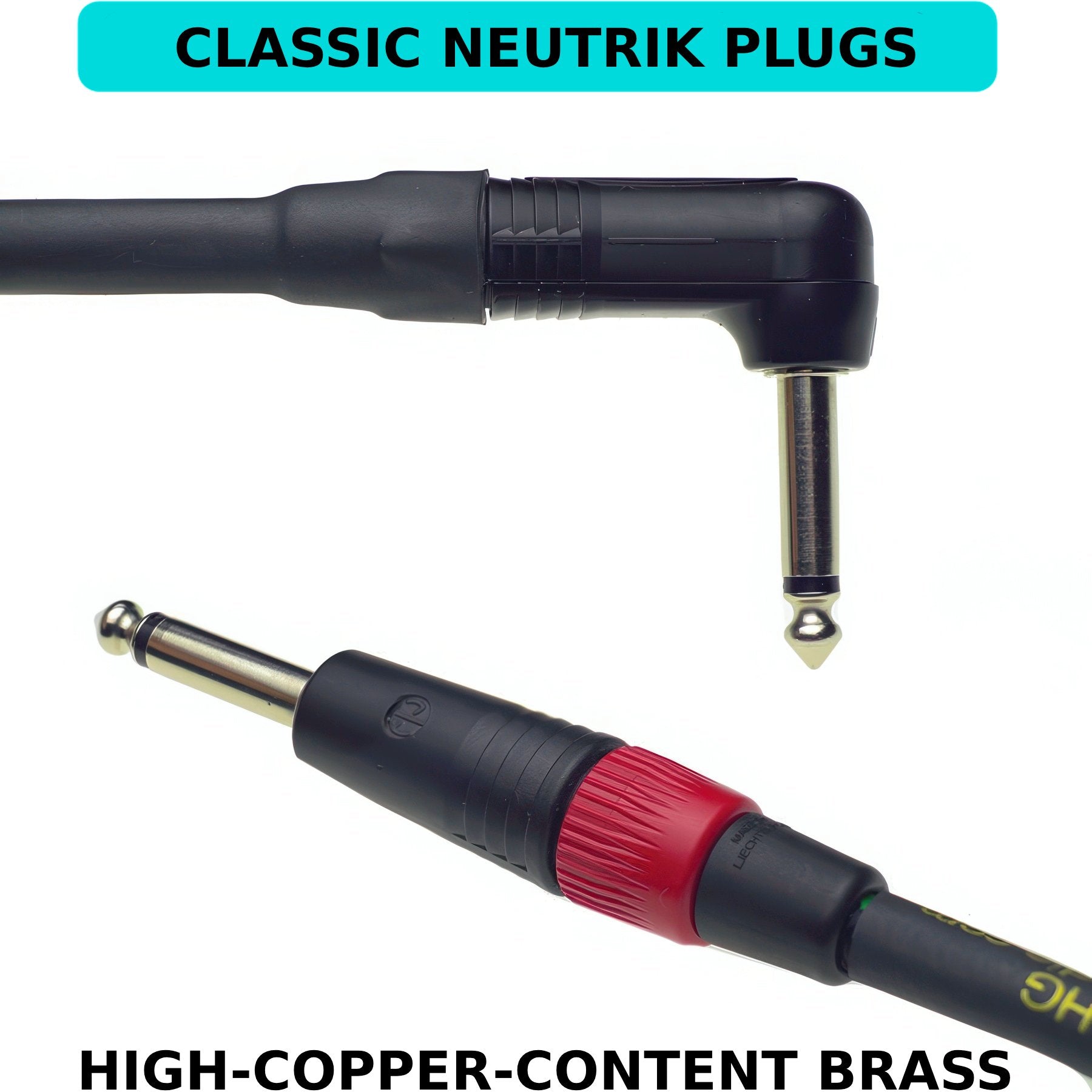 Close-up of Evidence Audio Lyric HG cable's right-angle Neutrik plug, high-copper-content brass (15 ft, right-to-straight)
