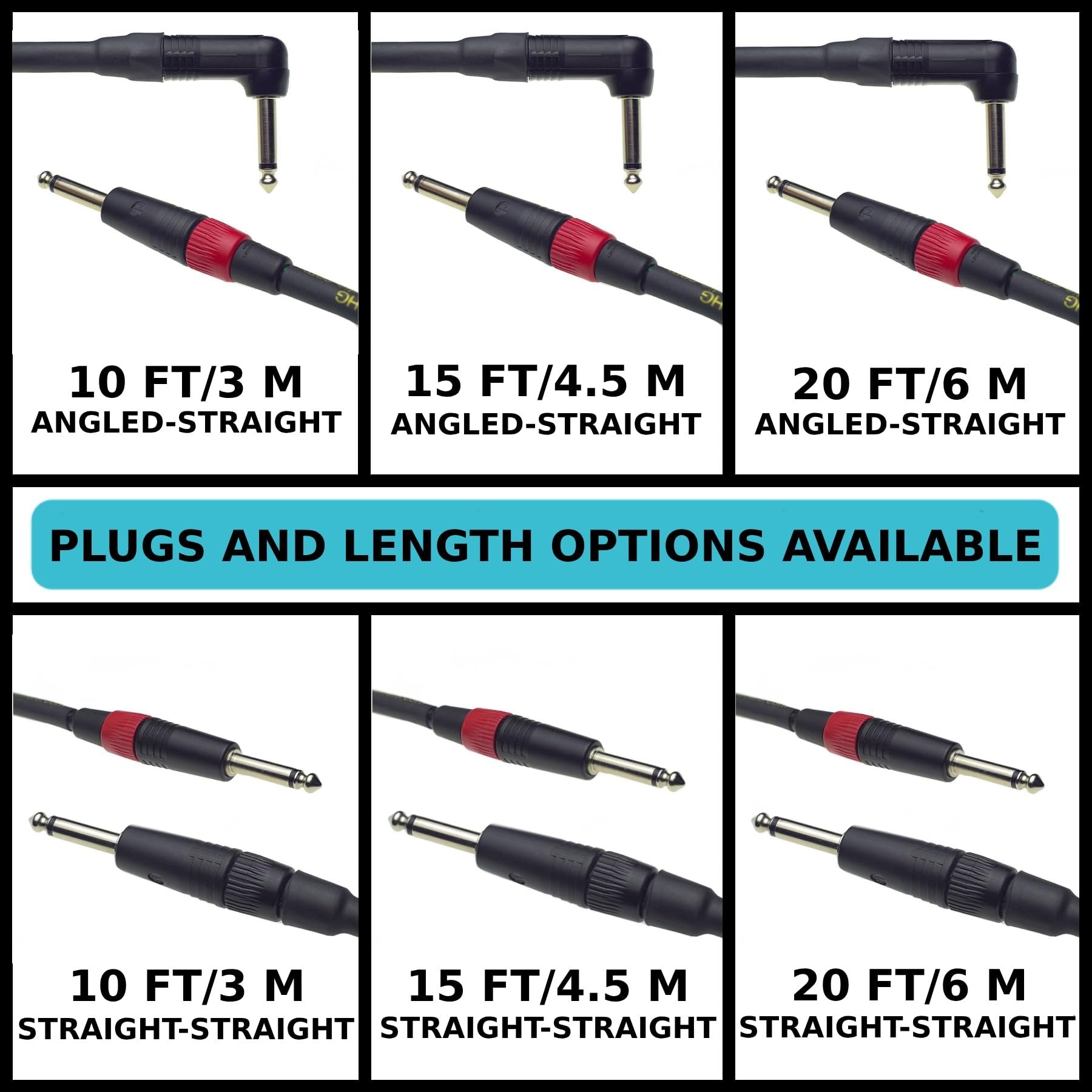 Chart of available Evidence Audio Lyric HG cable length and plug configuration options: 10/15/20 ft, angled-straight or straight-straight (15 ft)