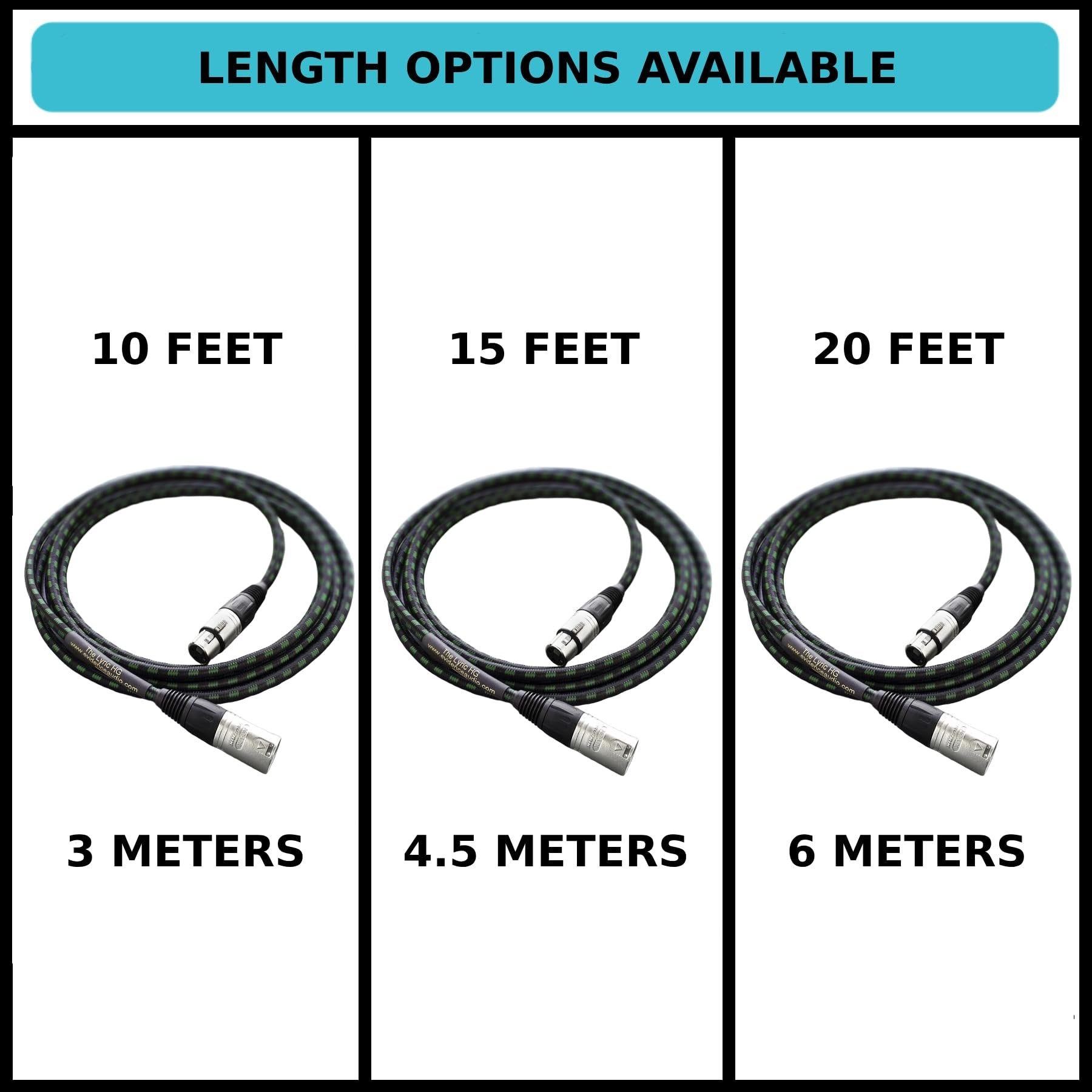 Length options chart for Evidence Audio Lyric HG microphone cable: 10, 15, and 20 feet (10 ft)