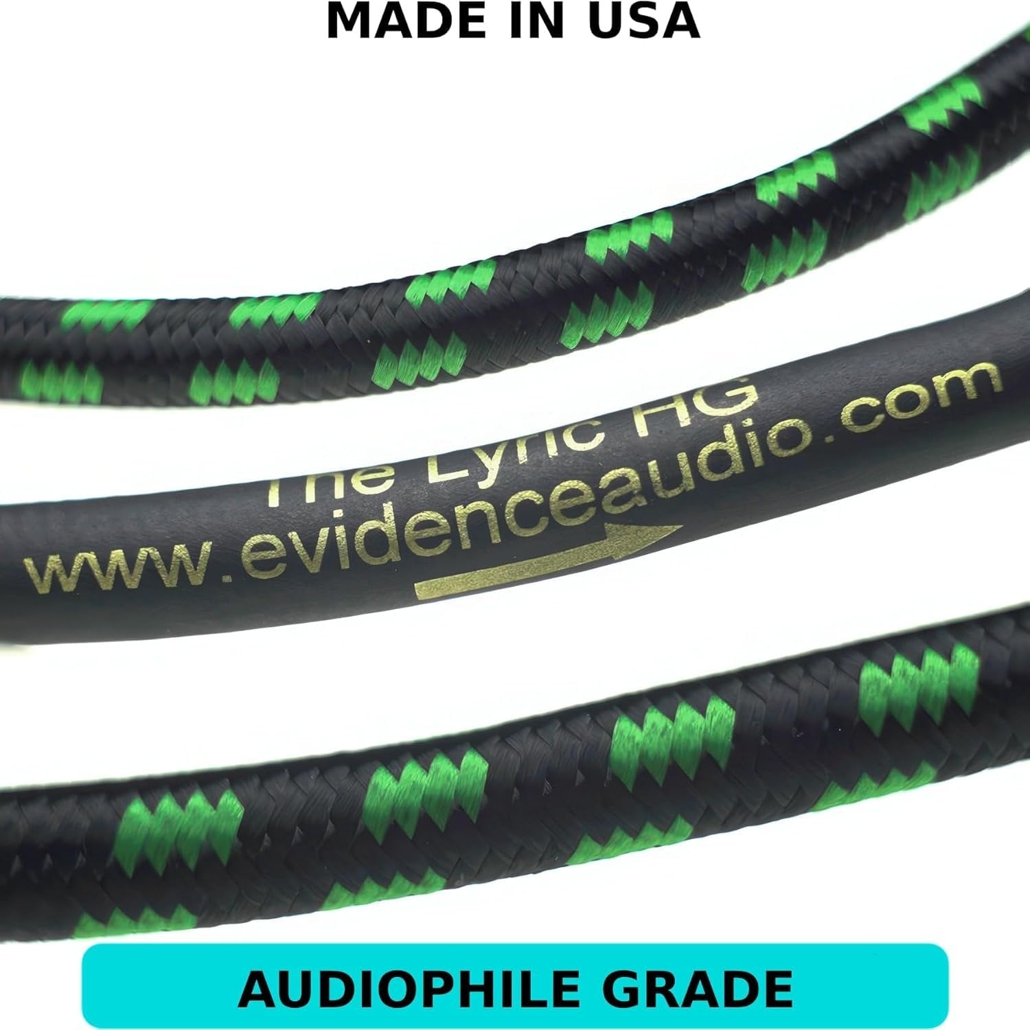 Close-up of Evidence Audio Lyric HG cable jacket printing, labeled Made in USA and Audiophile Grade (20 ft)