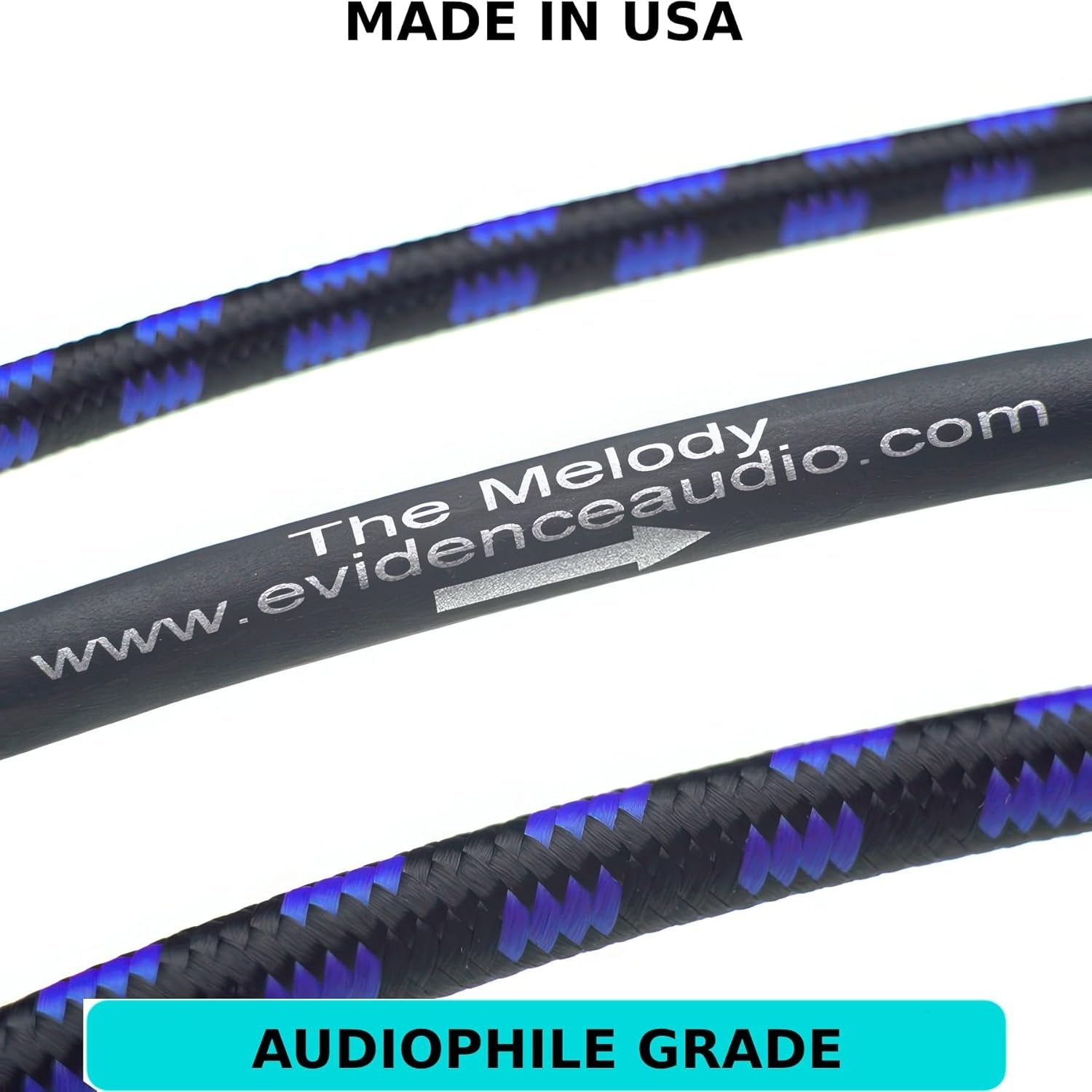 Close-up of Evidence Audio Melody cable jacket printed with 'The Melody', 'www.evidenceaudio.com', Made in USA, Audiophile Grade (10 ft, right-to-straight)