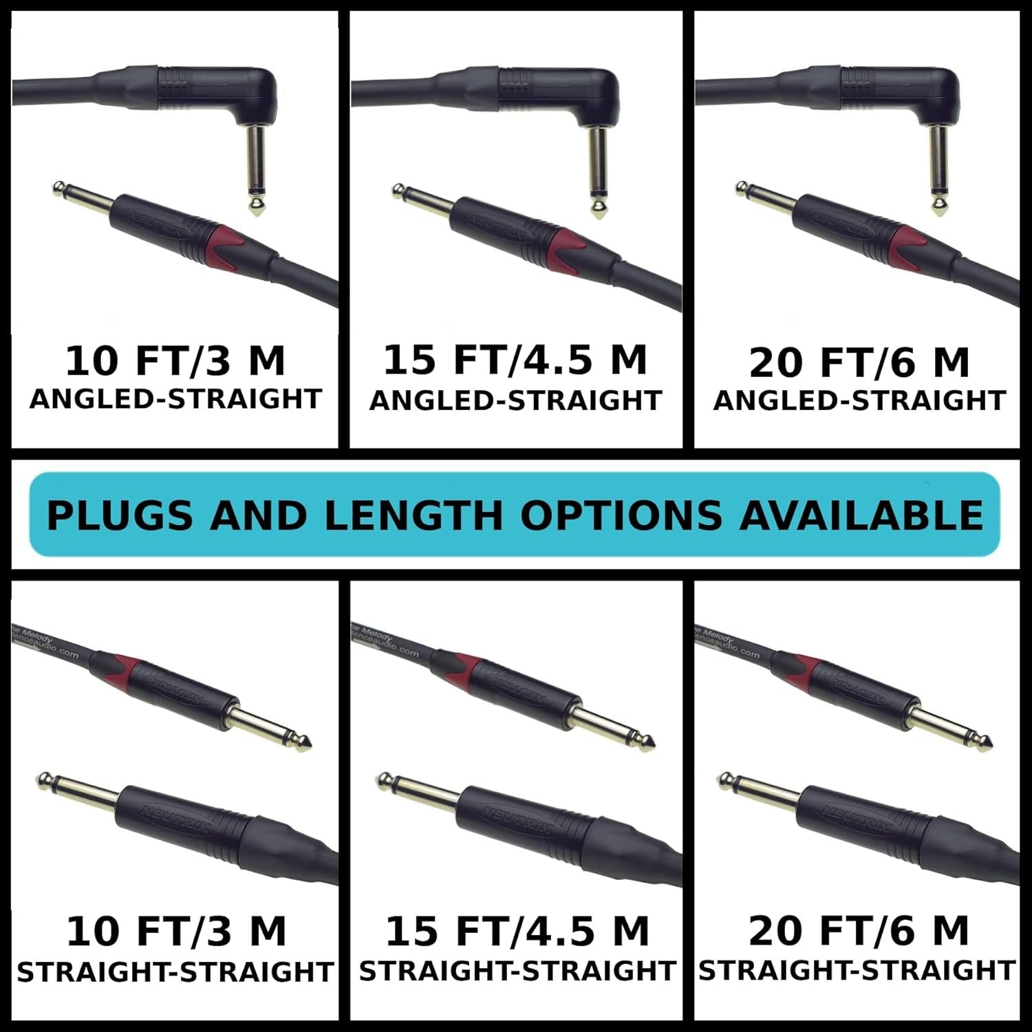 Chart of available Evidence Audio Melody cable length and plug configuration options: 10/15/20 ft, angled-straight or straight-straight (10 ft, right-to-straight)