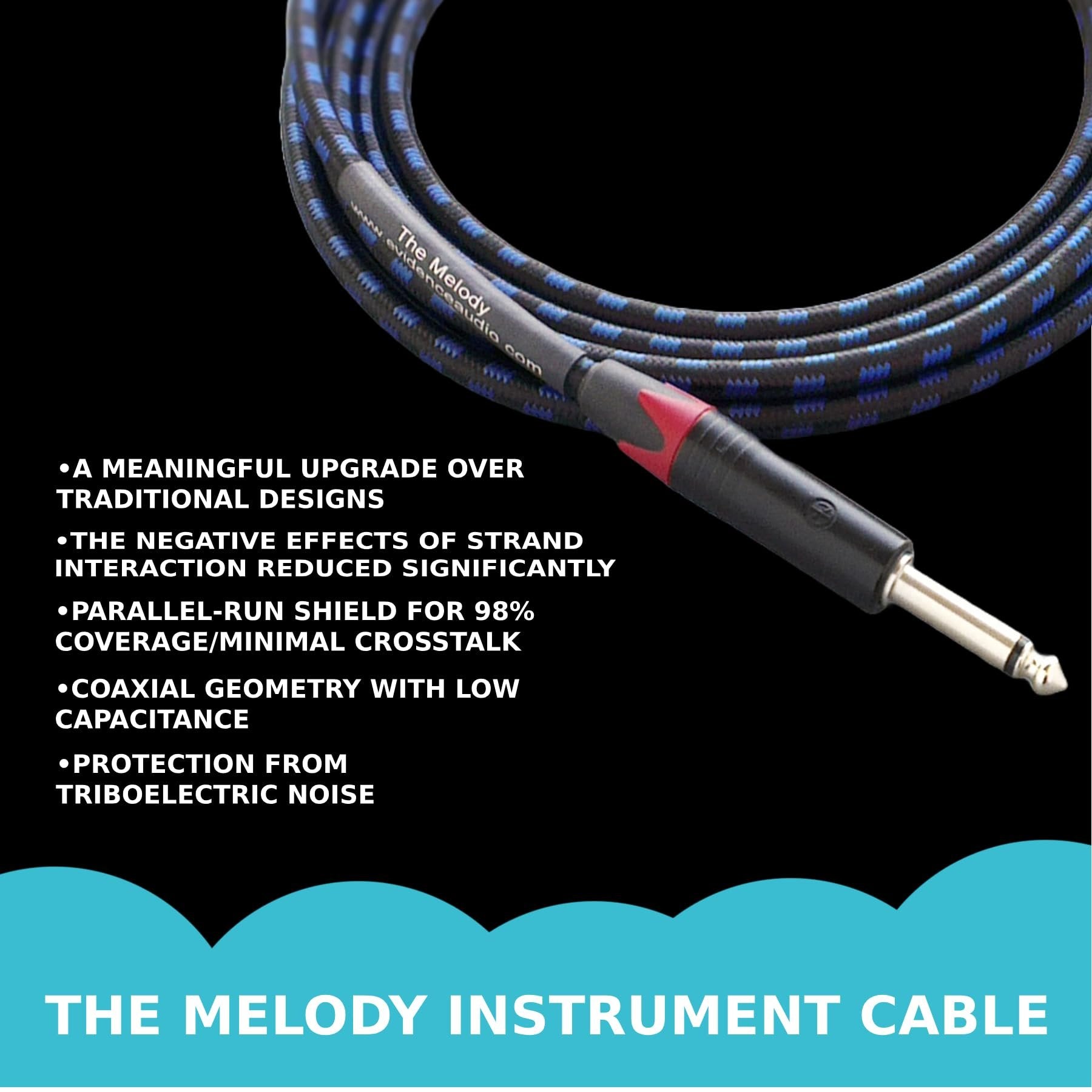 Evidence Audio Melody Instrument Cable feature graphic listing benefits: parallel-run shield, low capacitance coaxial geometry, triboelectric noise protection (15 ft, straight-to-straight)