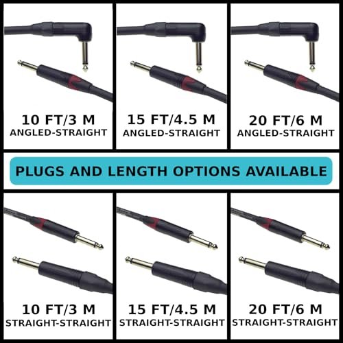 Chart of available Evidence Audio Melody cable length and plug configuration options: 10/15/20 ft, angled-straight or straight-straight (right-to-straight)