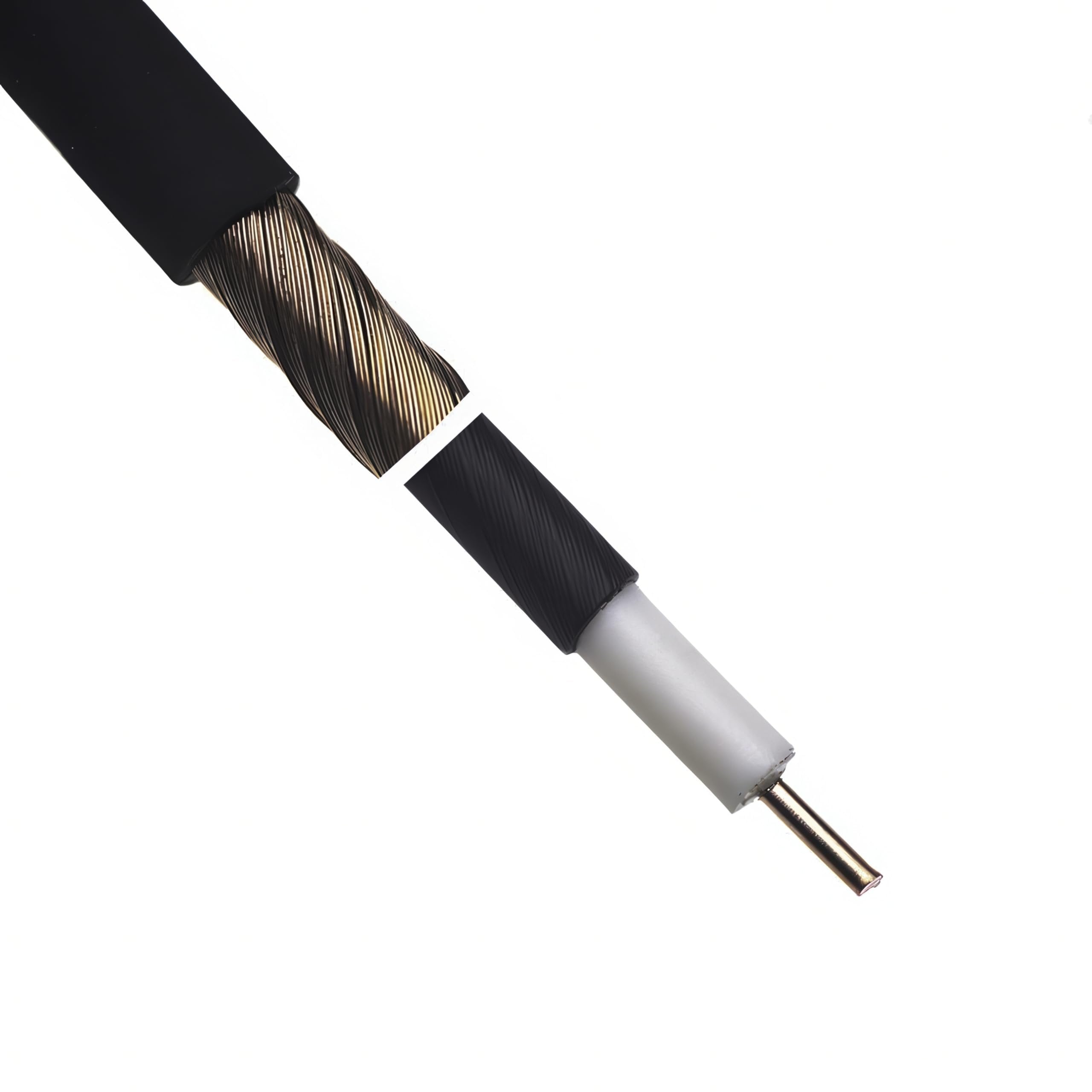 Cross-section close-up of Evidence Audio Monorail cable showing braided shield and connector assembly (20 ft, graphite black)