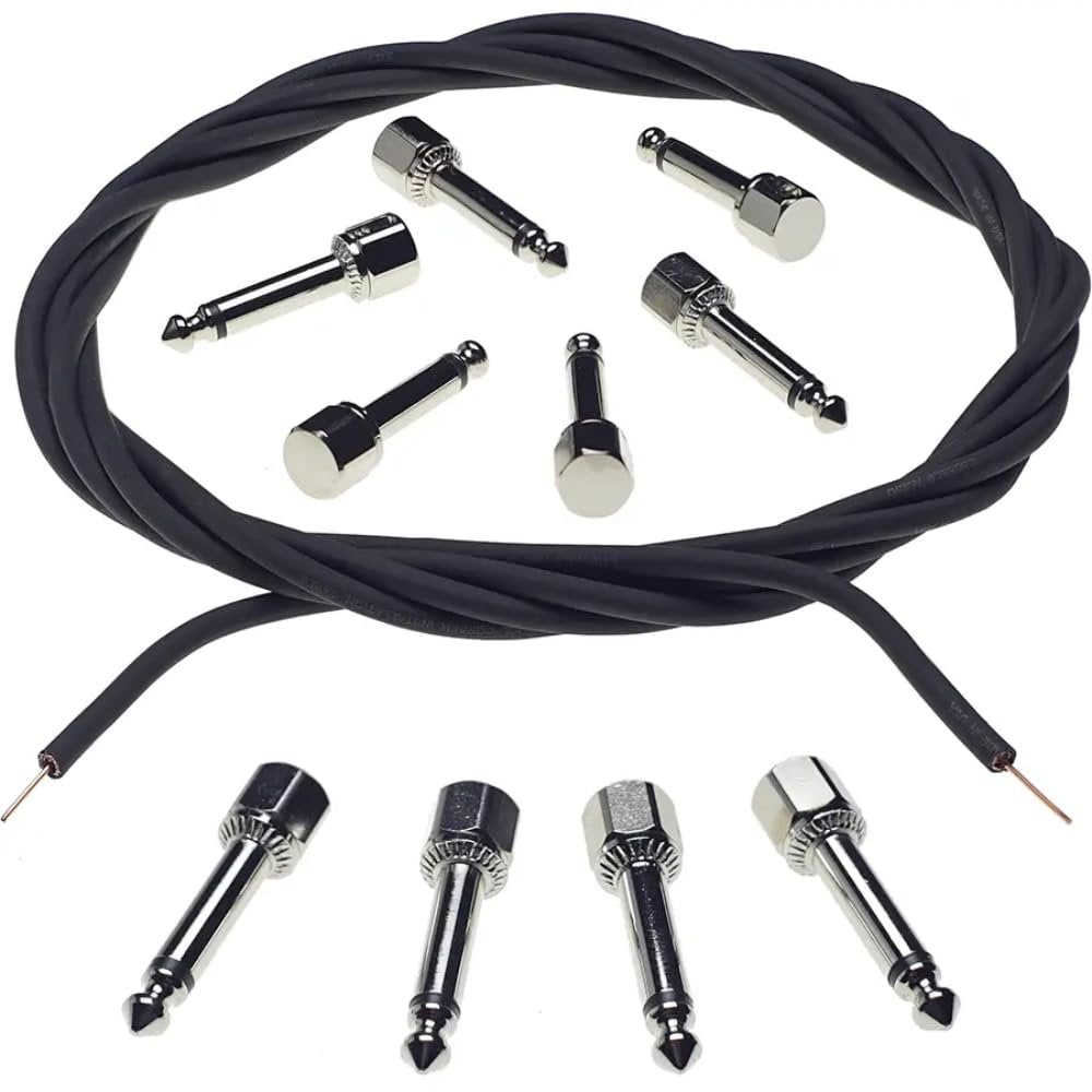 Evidence Audio Monorail Solderless Patch Kit with black cable and nickel plugs laid out (10plugs, 10 ft)