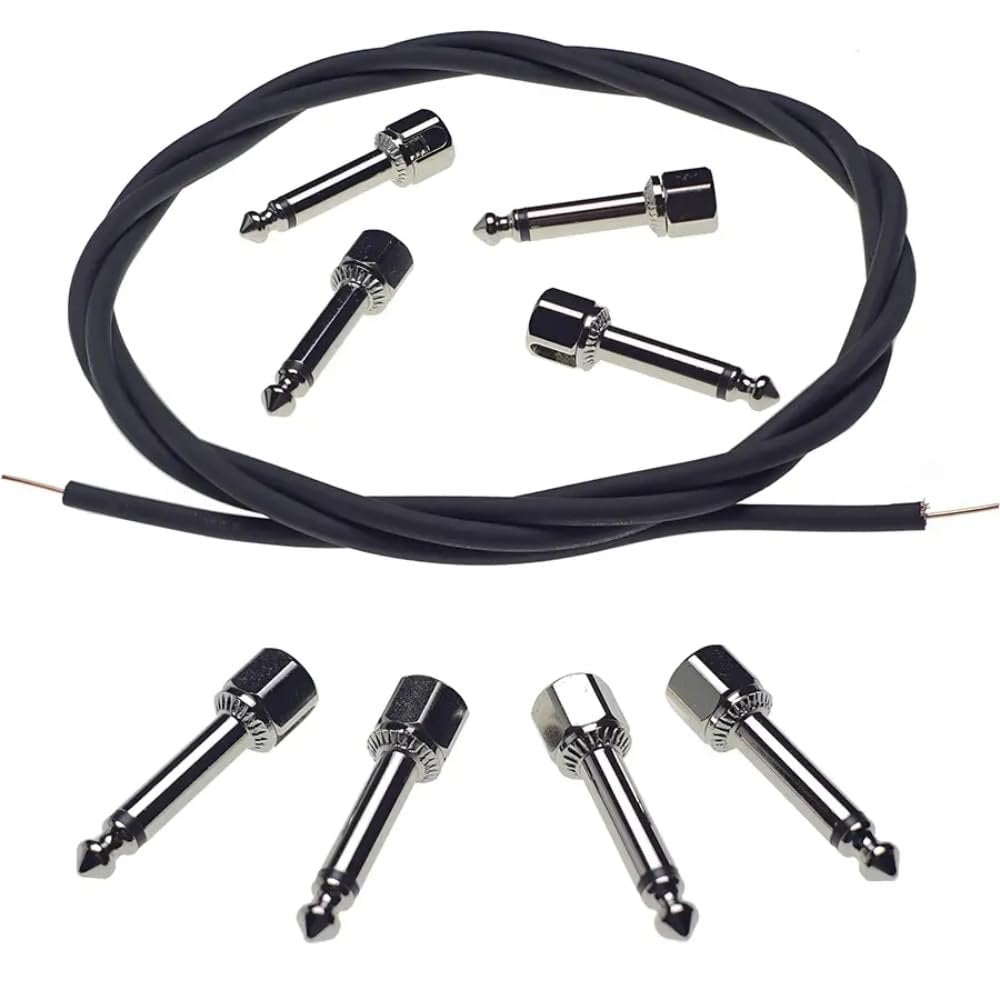 Evidence Audio Monorail Solderless Patch Kit, 8 plugs, black cable and nickel plugs laid out (8plugs, 5 ft)