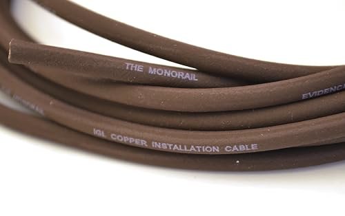 Close-up of Evidence Audio Monorail cable jacket text, cable shown under warm lighting, exact jacket color not clearly distinguishable (8plugs, 5 ft)