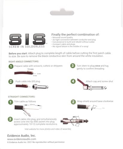 Evidence Audio SIS solderless patch kit packaging back panel with assembly instructions (8plugs, 5 ft, burgundy)