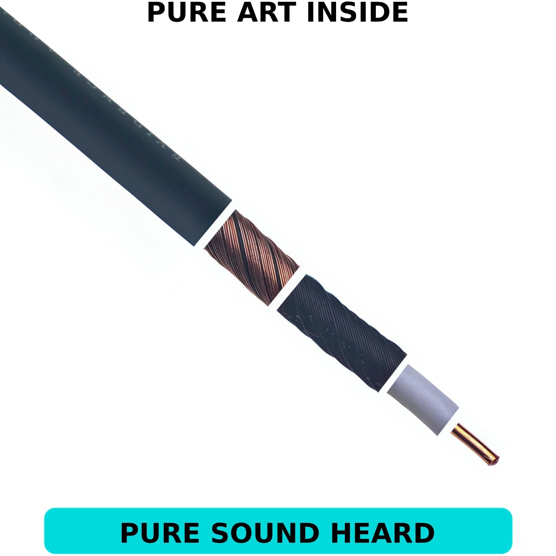Diagonal cutaway close-up of Evidence Audio Reveal cable showing copper braided shielding, labeled Pure Art Inside / Pure Sound Heard (10 ft, right-to-straight)