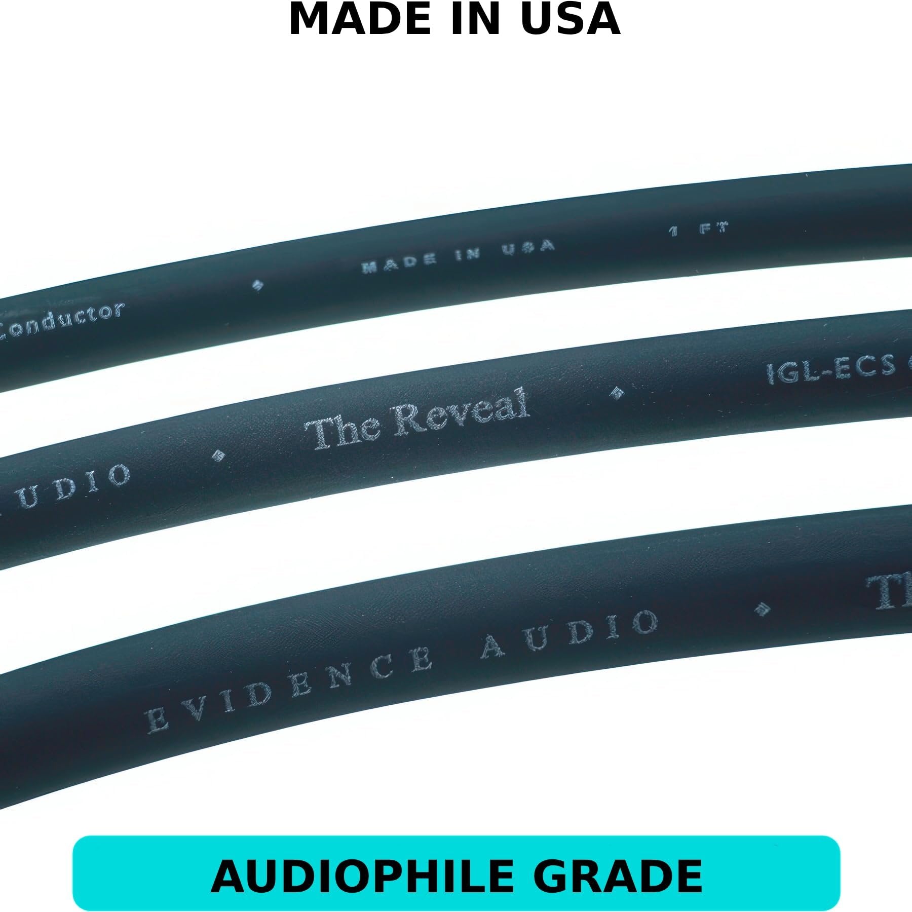 Close-up of Evidence Audio Reveal cable jacket printed with 'The Reveal', 'IGL-ECS', 'Evidence Audio', Made in USA text (10 ft, right-to-straight)