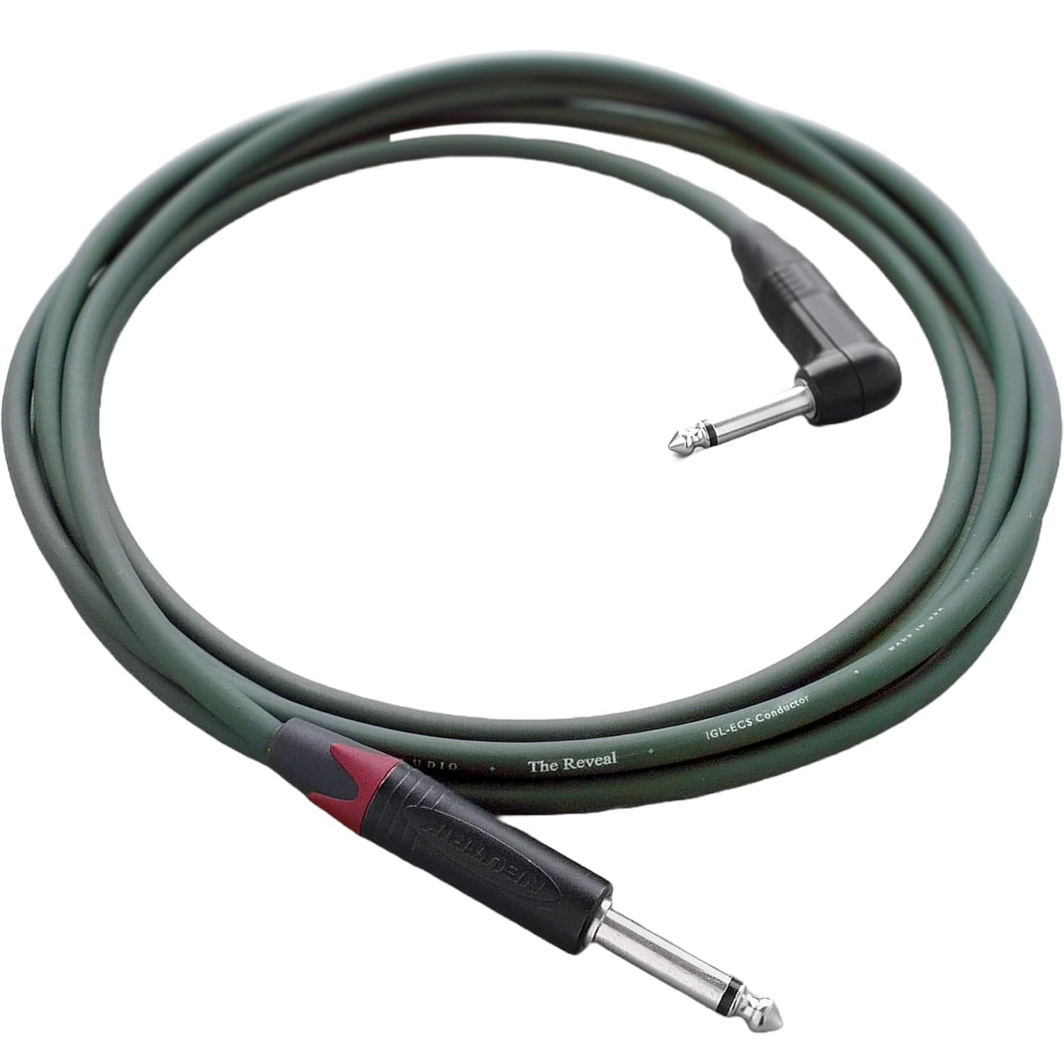 Evidence Audio Reveal instrument cable coiled, olive-green jacket, right-angle plug (15 ft, right-to-straight)