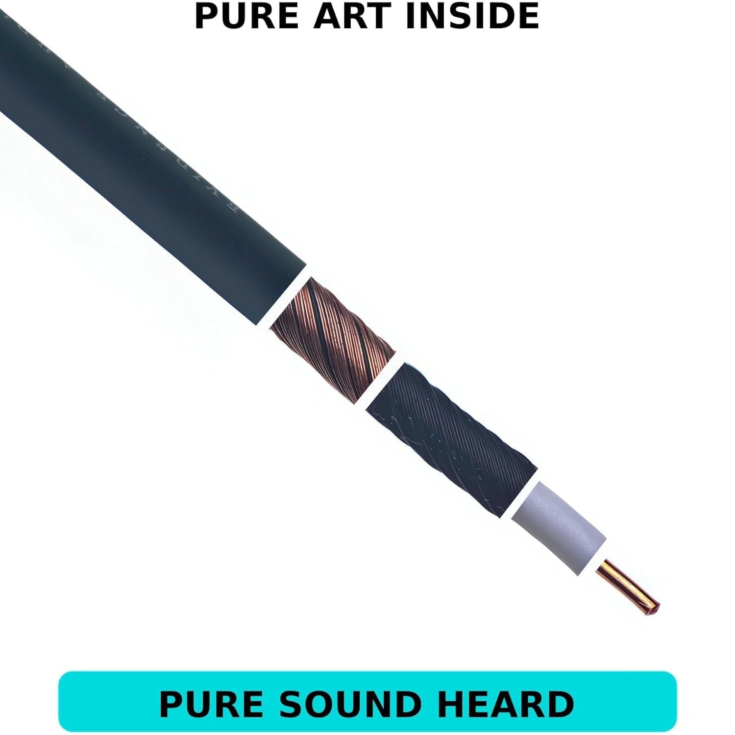 Diagonal cutaway close-up of Evidence Audio Reveal cable showing copper braided shielding, labeled Pure Art Inside / Pure Sound Heard (15 ft, right-to-straight)