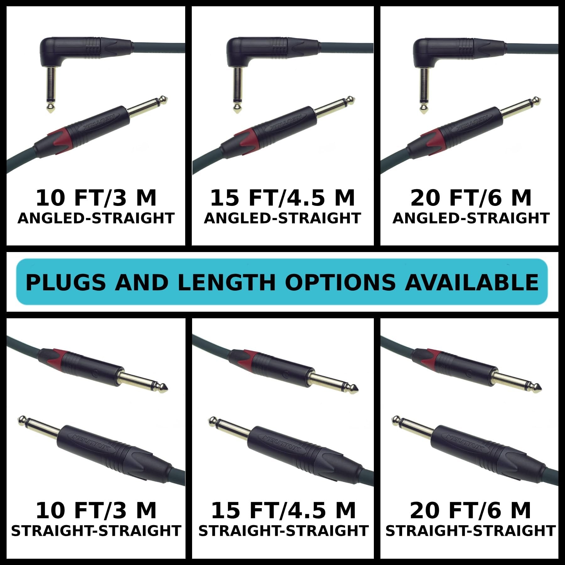 Chart of available Evidence Audio Reveal cable length and plug configuration options: 10/15/20 ft, angled-straight or straight-straight (right-to-straight)