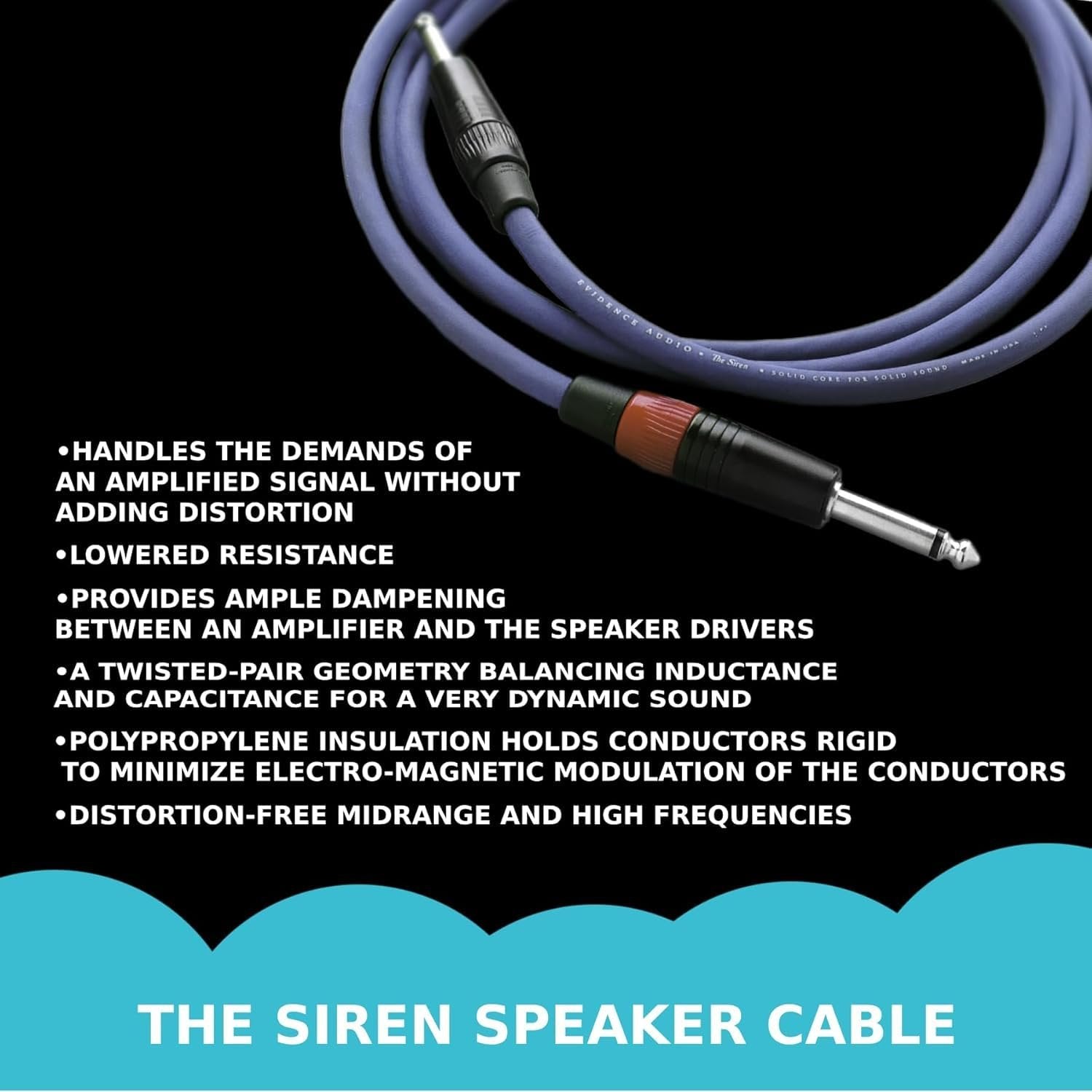 Evidence Audio Siren Speaker Cable feature list graphic detailing construction and performance benefits (10 ft)
