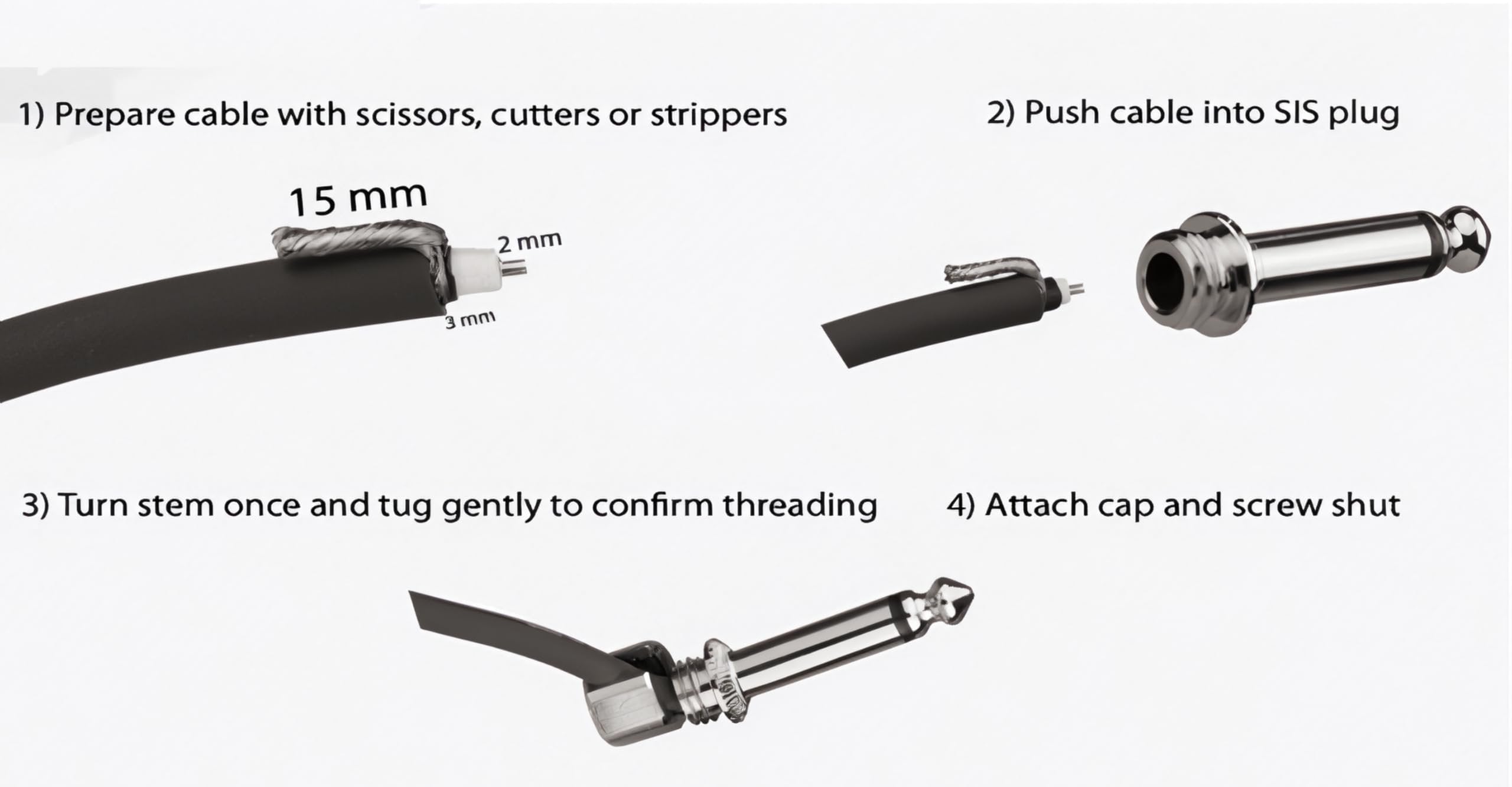 Instruction diagram for assembling Evidence Audio SIS solderless right-angle plug (10 ft, graphite black)