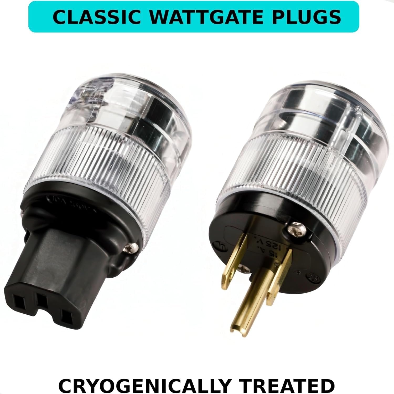 Evidence Audio Source AC power cable Wattgate connectors close-up, cryogenically treated callout (5 ft)
