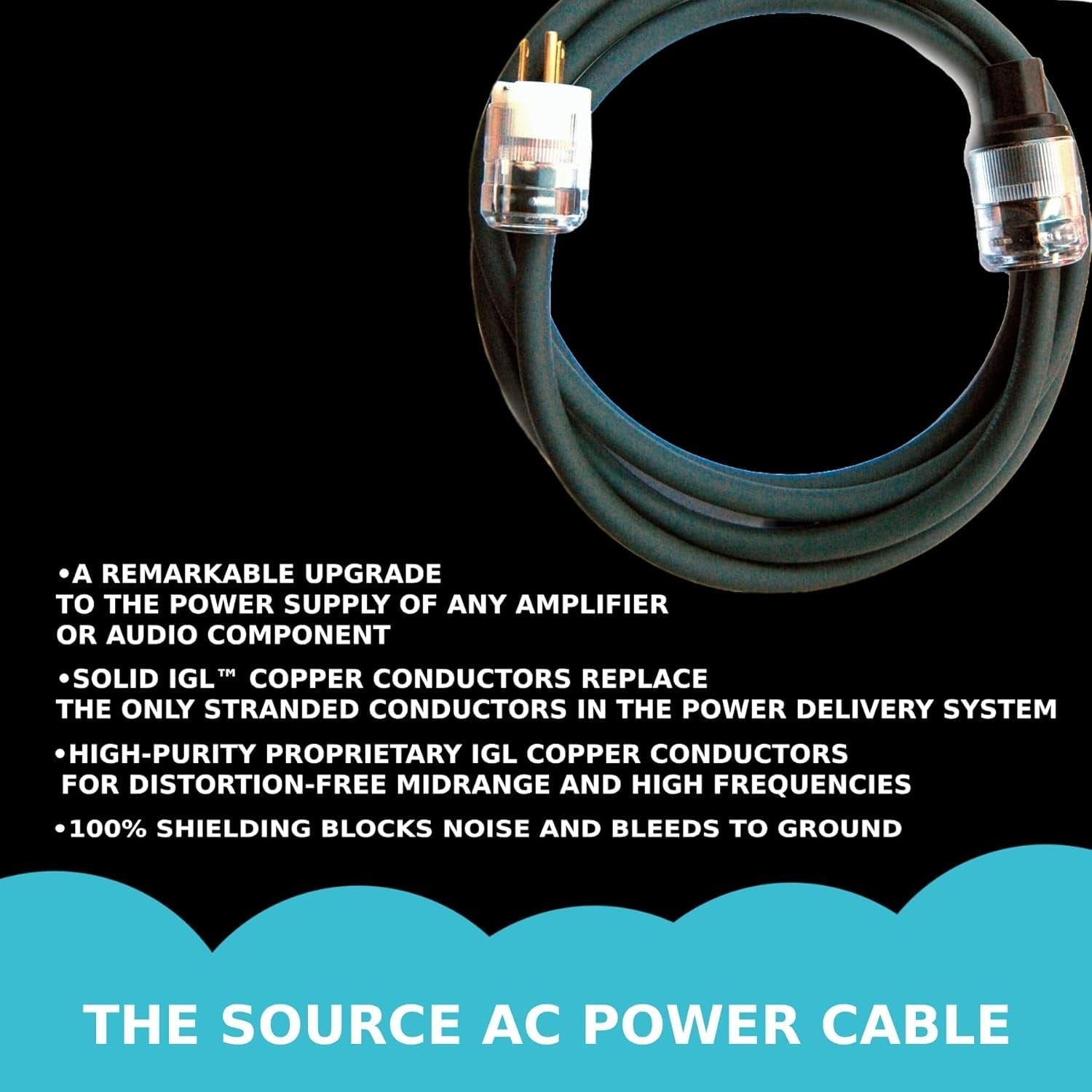 Evidence Audio Source AC Power Cable feature list graphic detailing construction and performance benefits (7 ft)