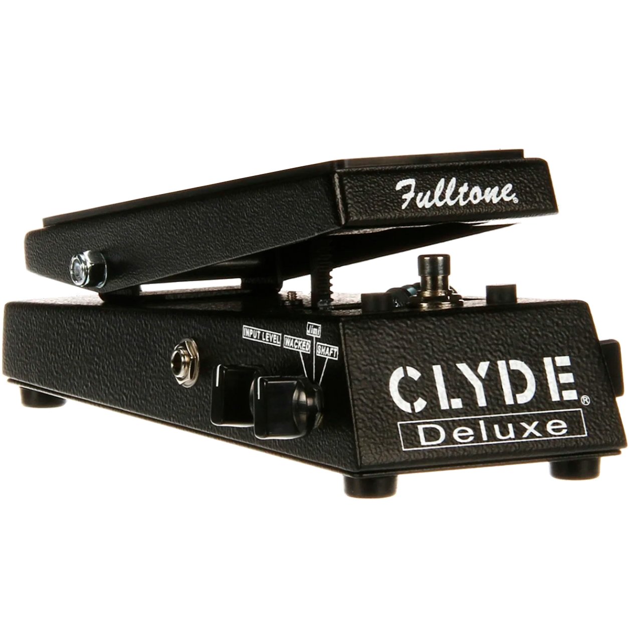 Fulltone Clyde Deluxe wah pedal, three-quarter view of the black hammertone chassis with Fulltone-branded rocker treadle, Input Level knob and 3-way Wacked/Jimi/Shaft voicing switch on the right side