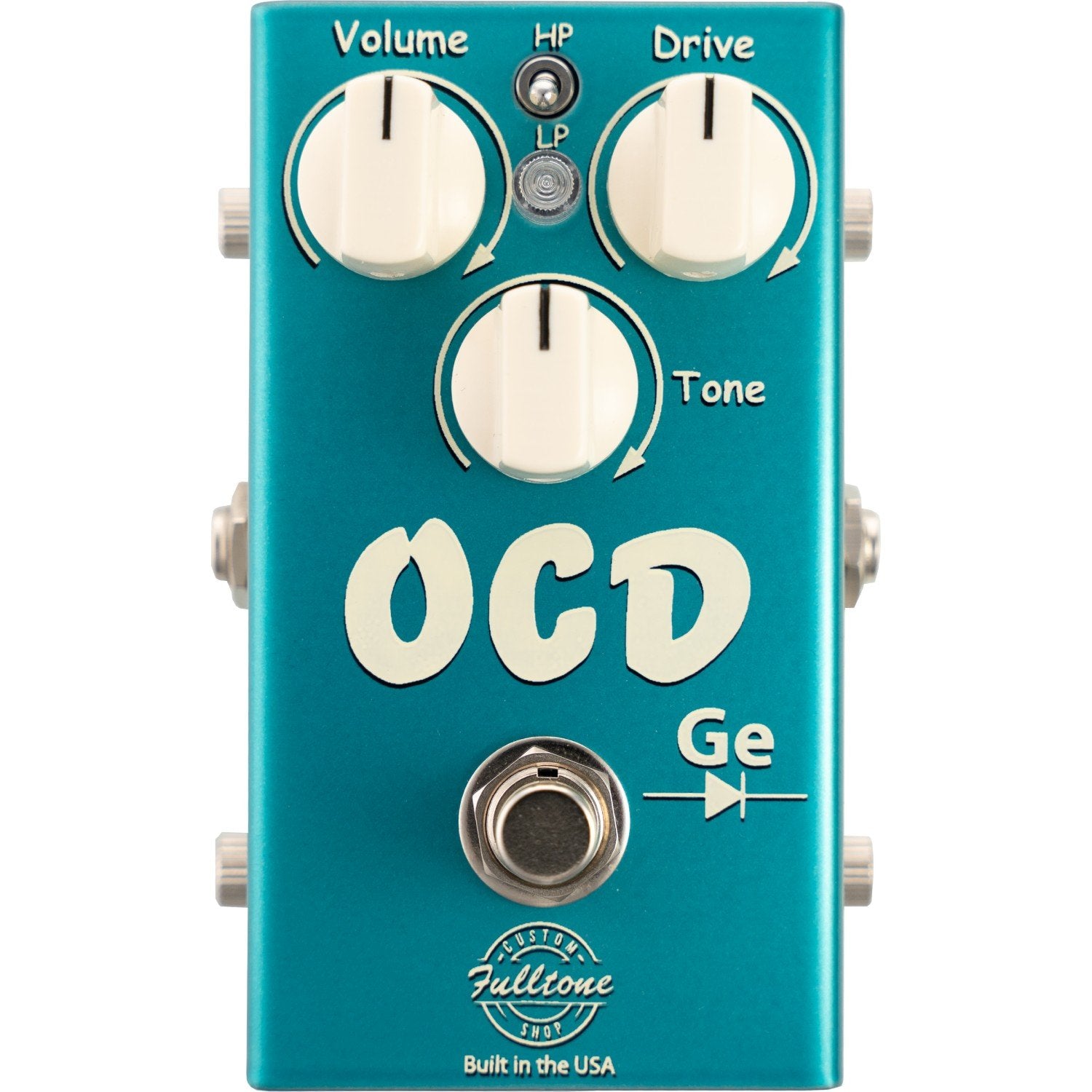 Fulltone Custom Shop OCD Germanium overdrive pedal, top view showing Volume, Tone and Drive knobs and HP/LP toggle in a teal metallic enclosure