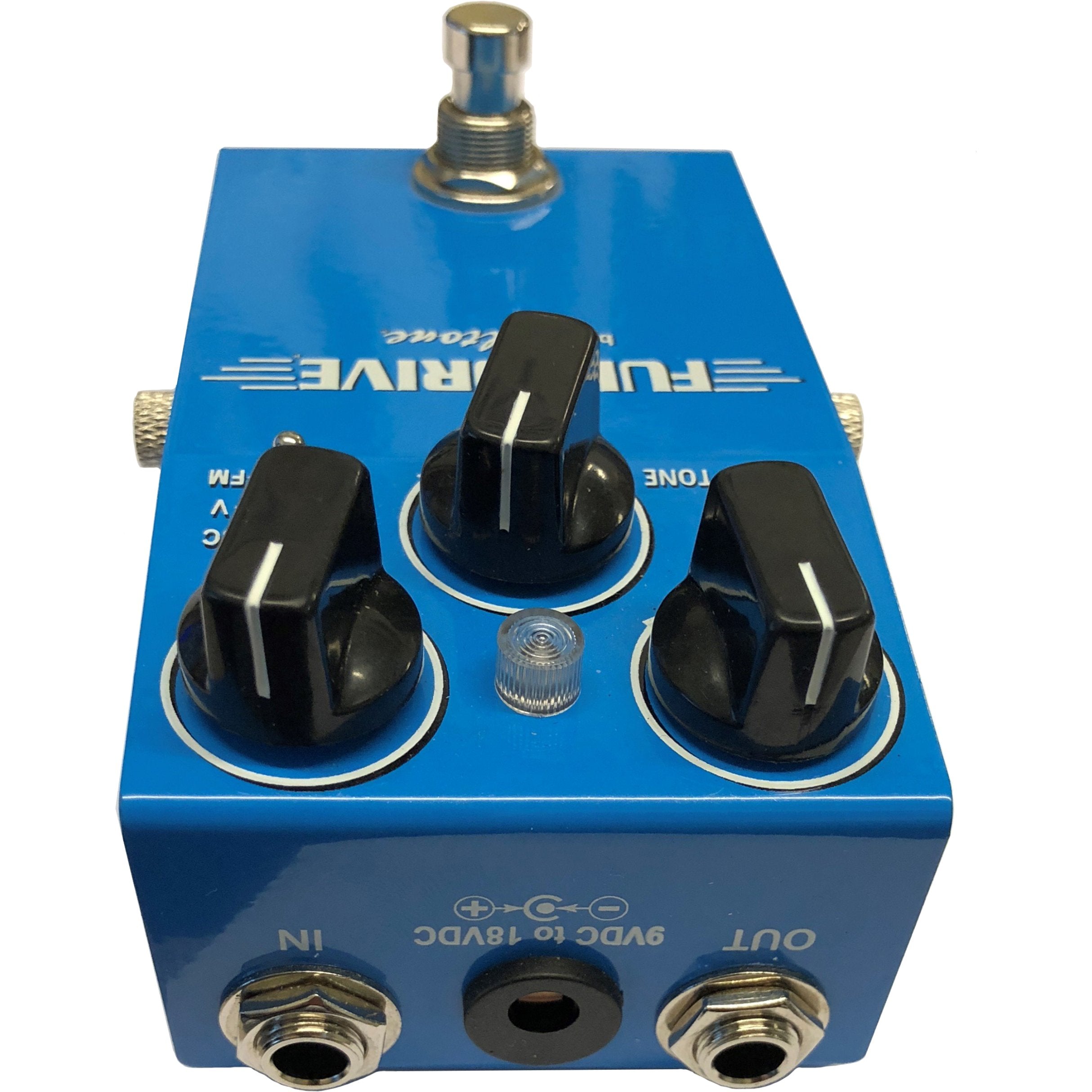 Fulltone Full-Drive 1 overdrive pedal, top-panel view showing Input, 9VDC to 18VDC power inlet and Output jacks with thumbscrews