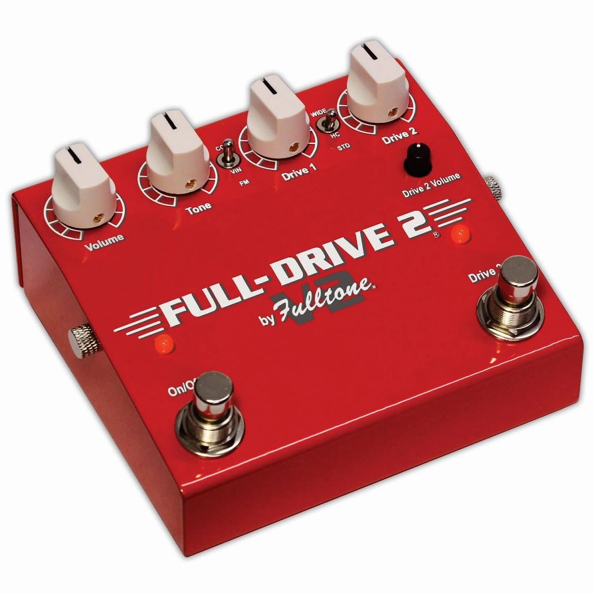 Fulltone Full-Drive 2 V2 dual-overdrive pedal in red enclosure, top view showing Volume, Tone, Drive 1, Drive 2 knobs with CC/Vintage/FM and Wide/HC/STD voicing switches and two true-bypass footswitches