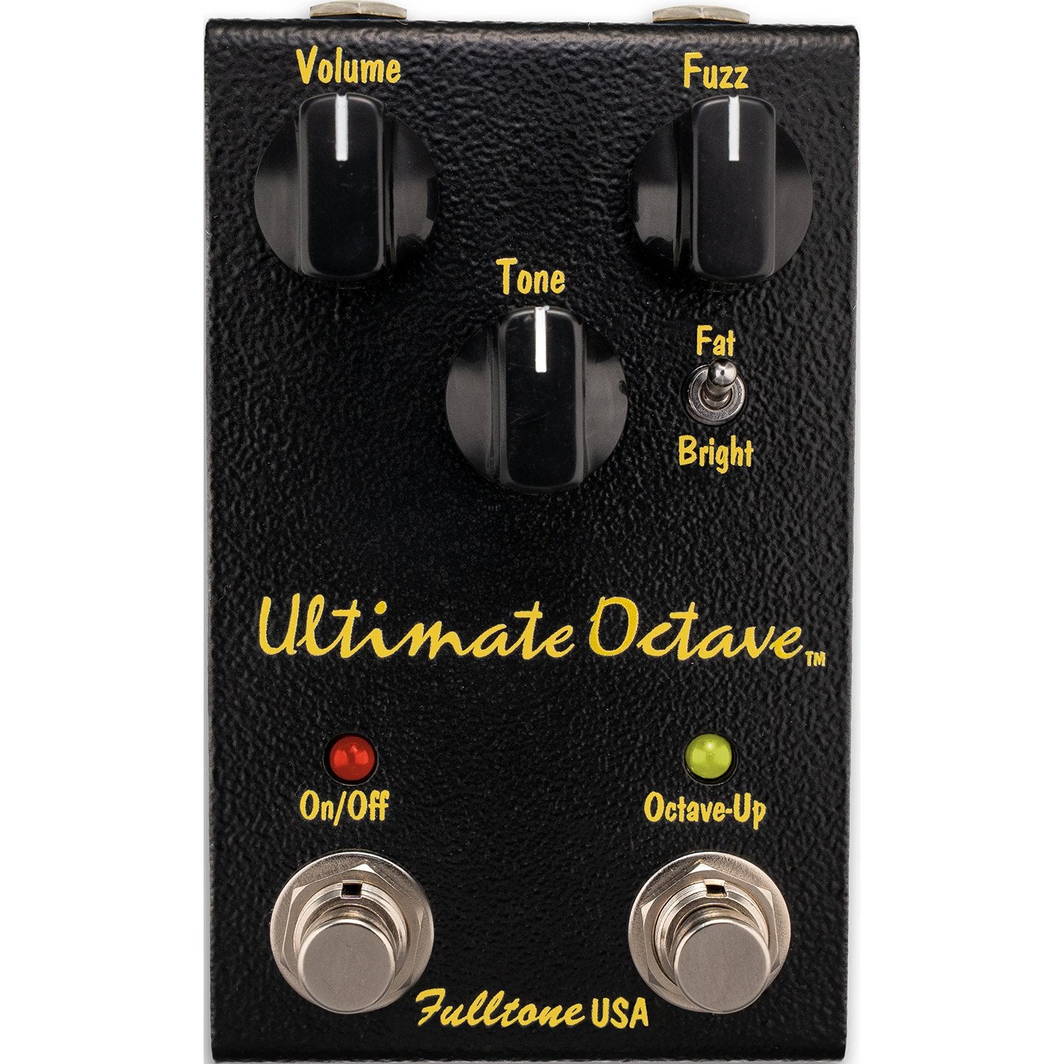 Fulltone Ultimate Octave fuzz pedal in black hammertone enclosure, top view showing Volume, Fuzz and Tone knobs, Fat/Bright voicing switch and independent On/Off and Octave-Up footswitches