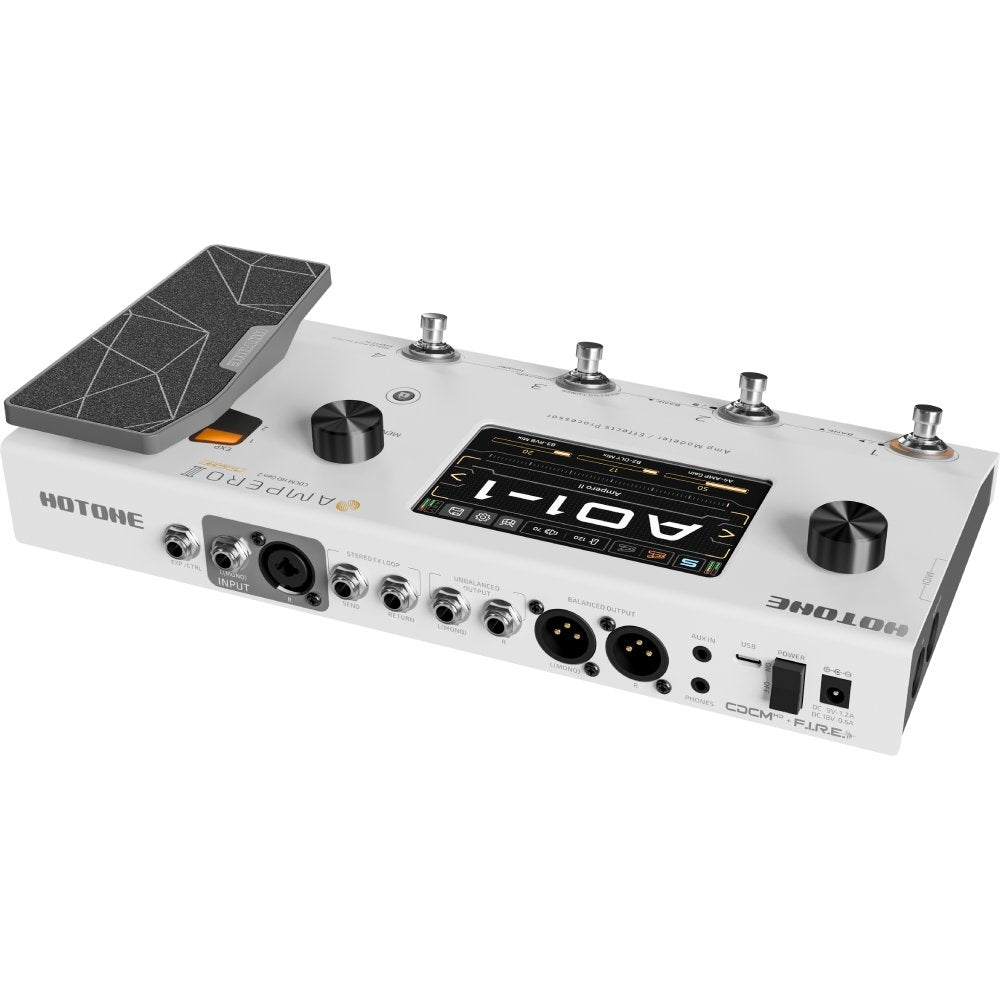 Hotone Ampero II MP-350 amp modeler in white finish, expression pedal tilted to show range