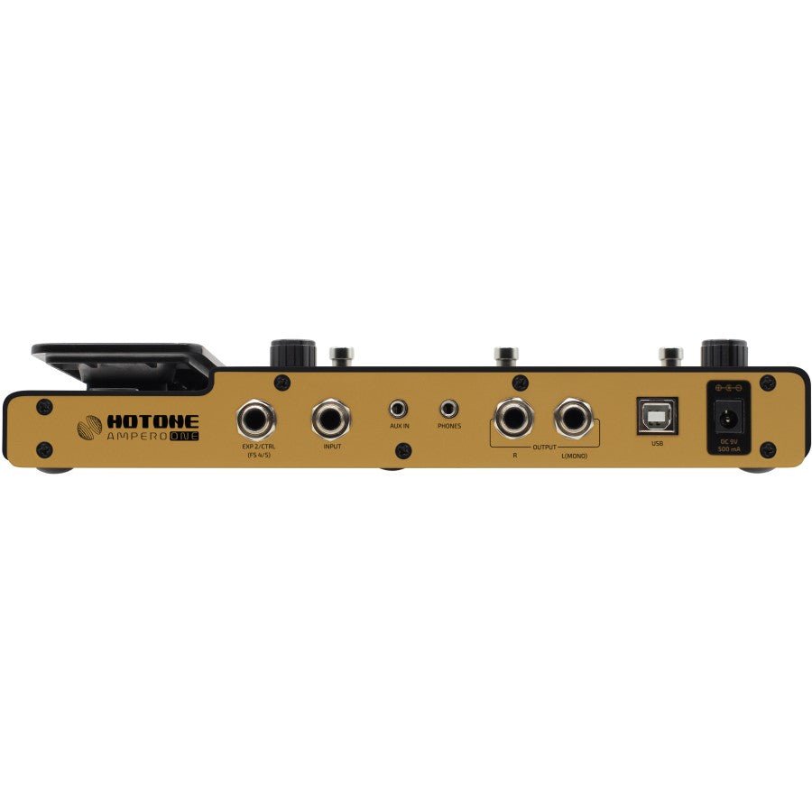 Hotone Ampero MP-100 amp modeler, front view of connector panel with USB-B port