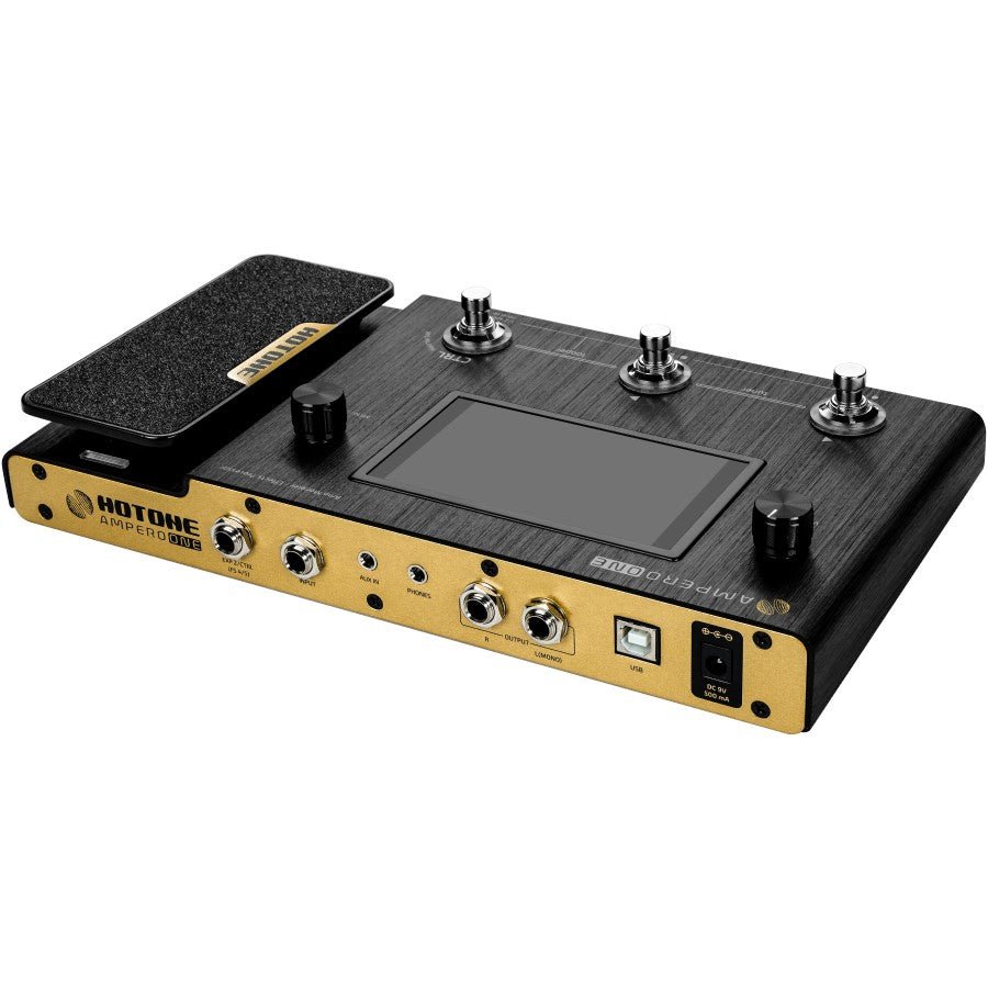 Hotone Ampero MP-100 amp modeler, front angled view with built-in expression pedal and knobs