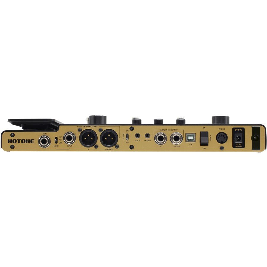 Hotone Ampero MP-100 amp modeler, side view of gold-trimmed connector panel